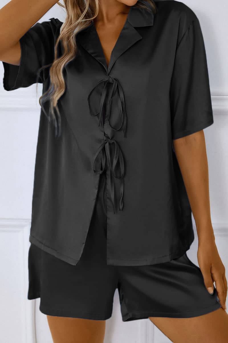 CHYRII Women's Silk Satin Pajama Set - Tie Front Short Sleeve Top & Lounge Shorts - Soft Sleepwear for Women - Perfect for Bedtime, Lounging & Summer Nights