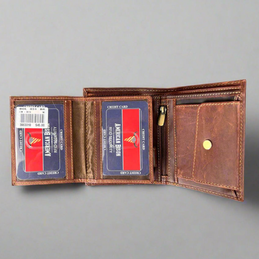 Premium Men's Bifold Flipout Cow Leather Wallet - RFID Blocking - Slim Design for Everyday Carry & Travel Essentials