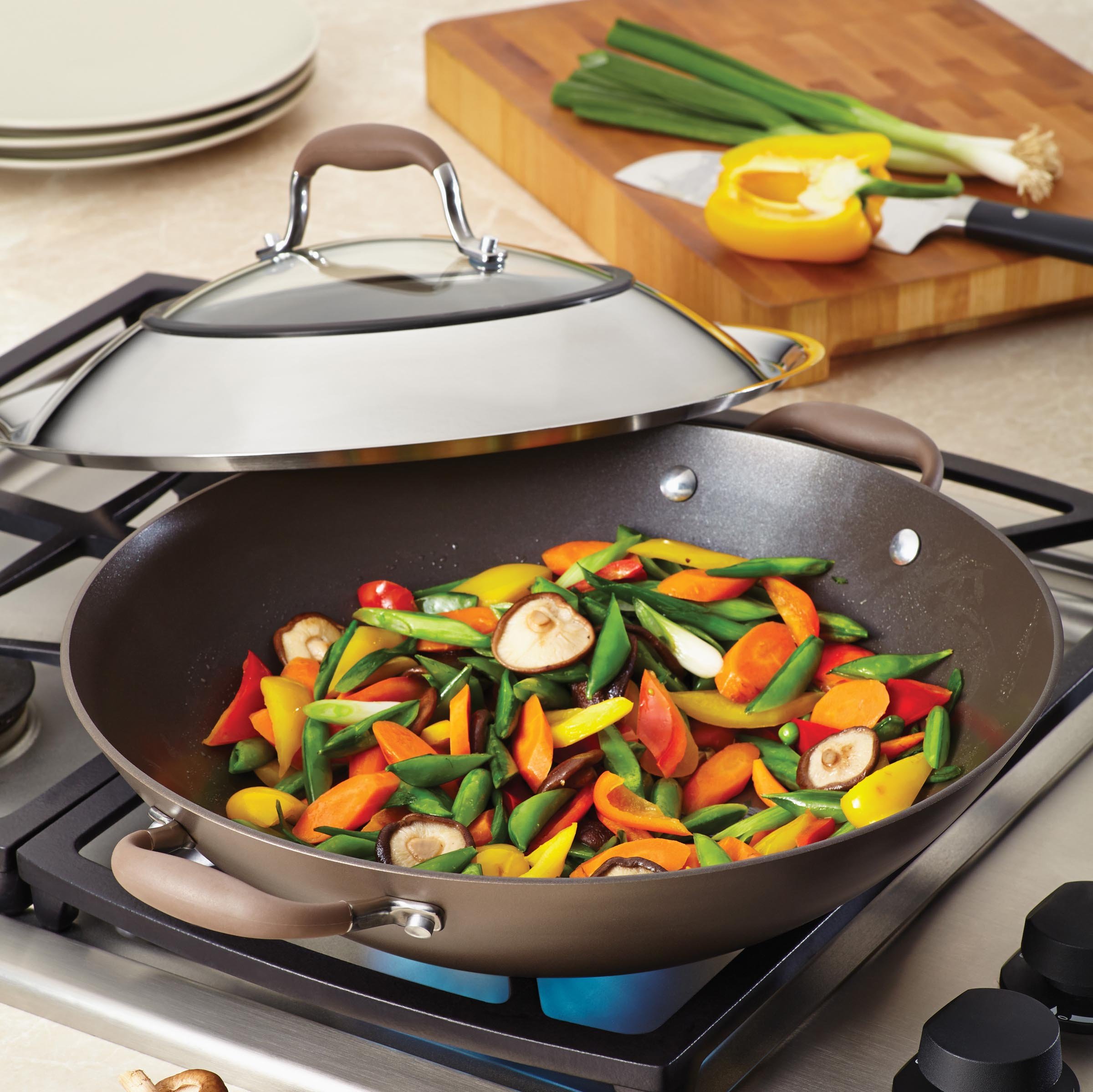Anolon Advanced Hard Anodized Nonstick 14-Inch Stir Fry Wok Pan with Lid - Bronze Brown - Professional Cookware for Asian Cuisine, Home Kitchen & Restaurant Use
