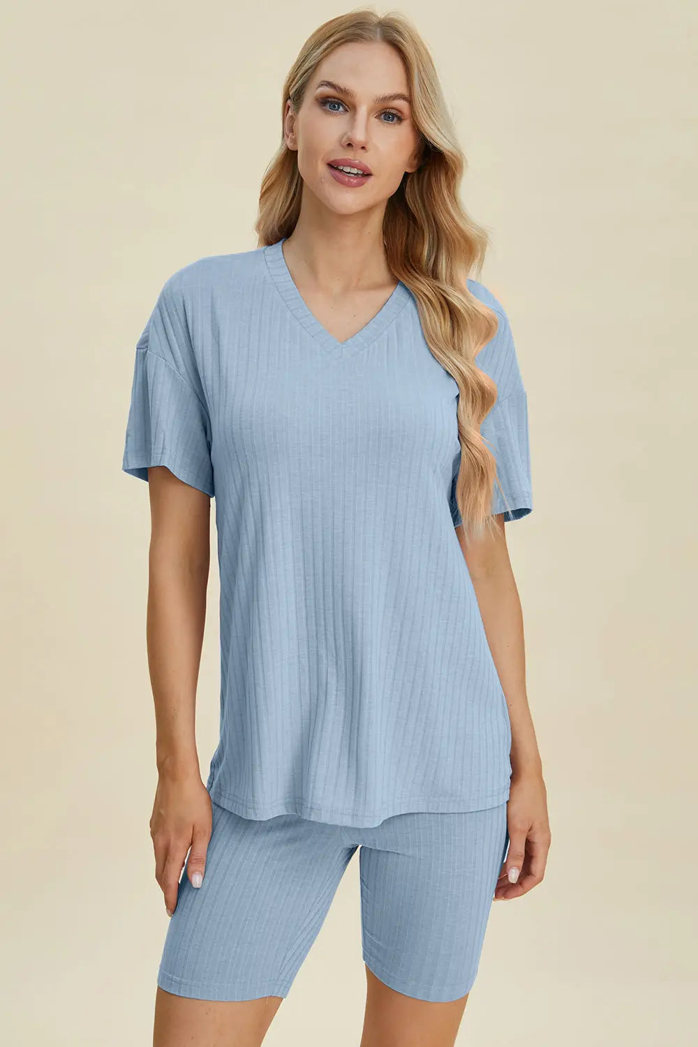 Basic Bae Full Size Ribbed V Neck Short Sleeve Top and Shorts Set - Women's Casual Summer Outfit for Beach, Lounge & Everyday Wear