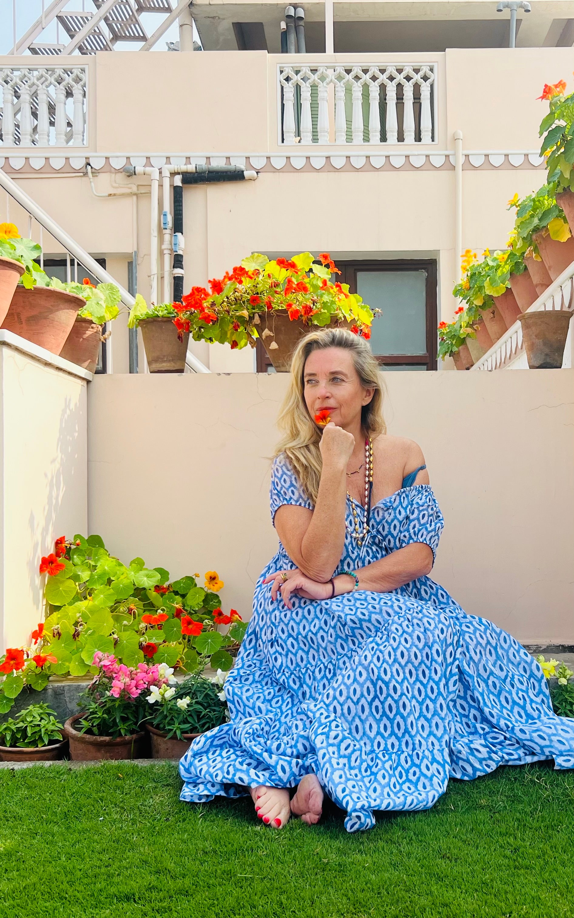Handmade Boho Maxi Dress for Girls – Blue Hand Block Printed Floral Ishi Daughter Dress – Perfect for Summer Vacations, Beach Trips & Special Occasions