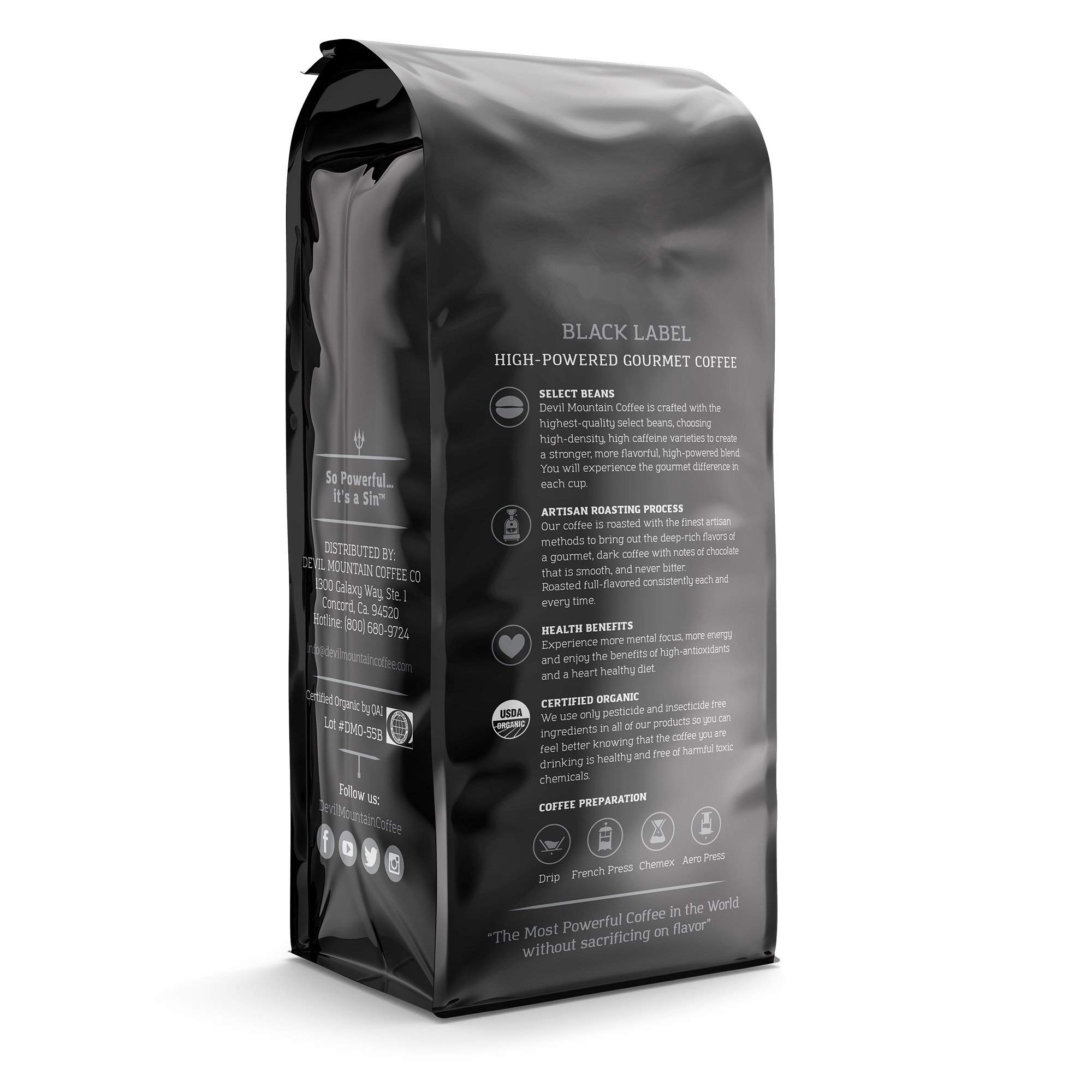 Devil Mountain Coffee Black Label Dark Roast Ground Coffee - Strong High Caffeine USDA Organic Fair Trade Gourmet Artisan Roasted - World's Strongest Coffee 16oz Bag - Perfect for Home Brewing, Office Use & Energy Boost