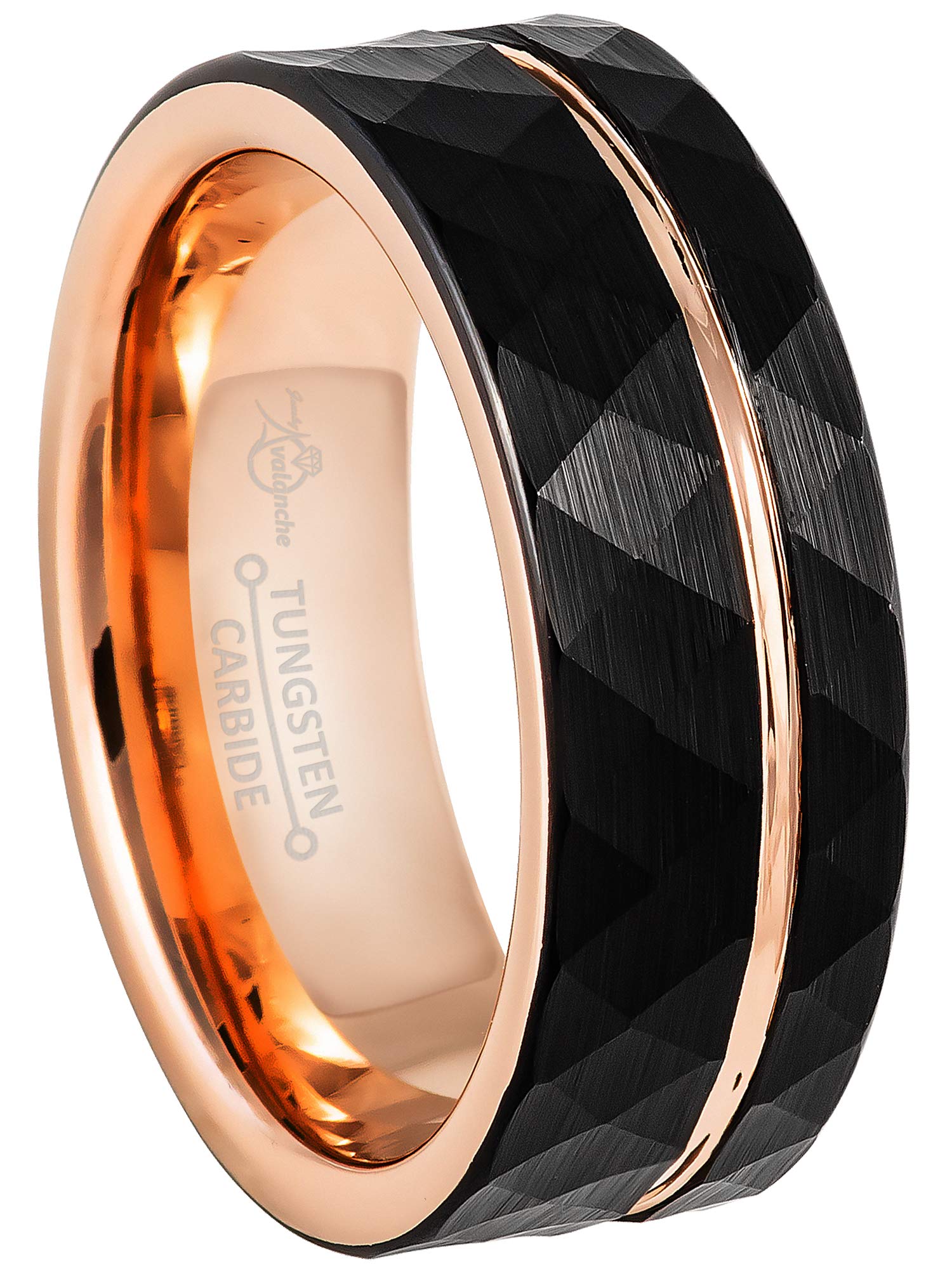 2-Tone Men's Tungsten Ring - Black & Rose Gold Hammered Finish, Pipe Cut Faceted Tungsten Carbide Wedding Band (8mm) - Durable & Scratch-Resistant for Everyday Wear, Anniversary Gifts & Special Occasions