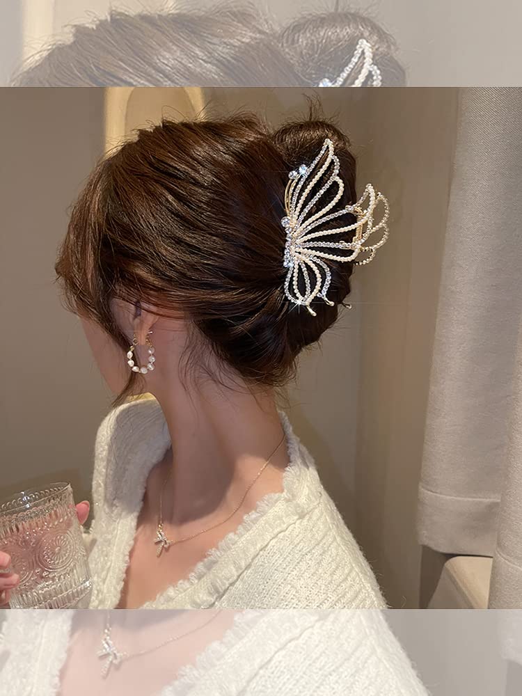 EPARTY - Large Butterfly Hair Clips for Women, Gold Metal Non-Slip Rhinestone Jaw Clips for Thick & Thin Hair - Perfect for Parties, Weddings & Everyday Styling