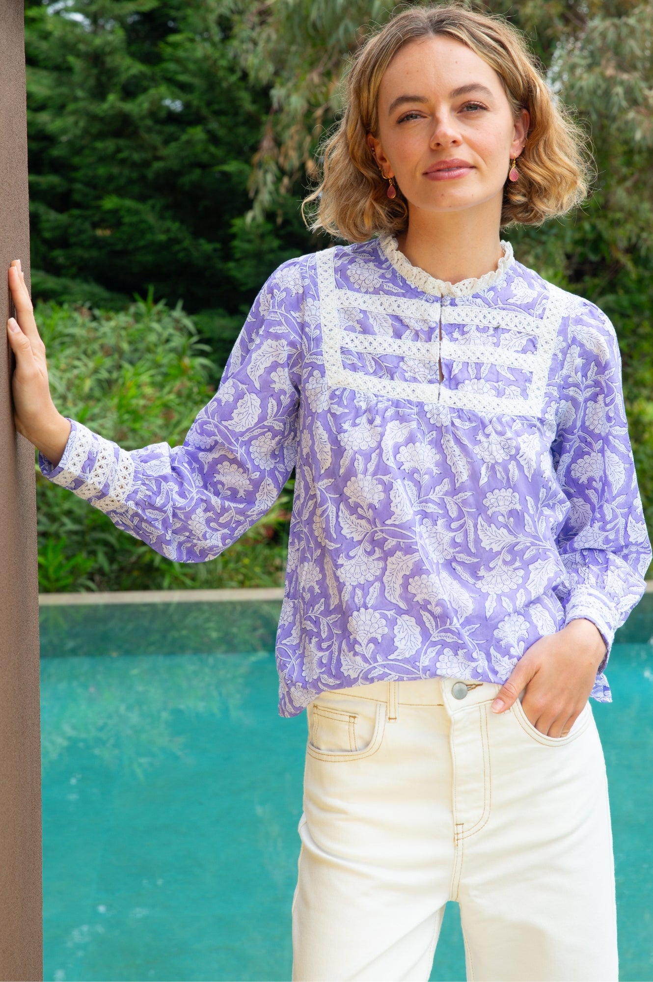 Margot Organic Cotton Block Print Blouse - Iris Blue & White Floral Top | Boho Chic Women's Shirt for Casual Wear & Summer Outfits