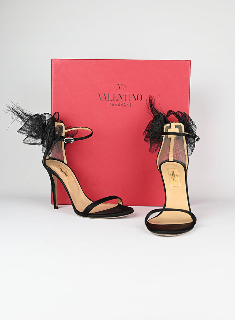 Valentino Black Satin Sandals with Flower Detail - Size 37 | Elegant Women's Dress Sandals for Weddings & Special Occasions