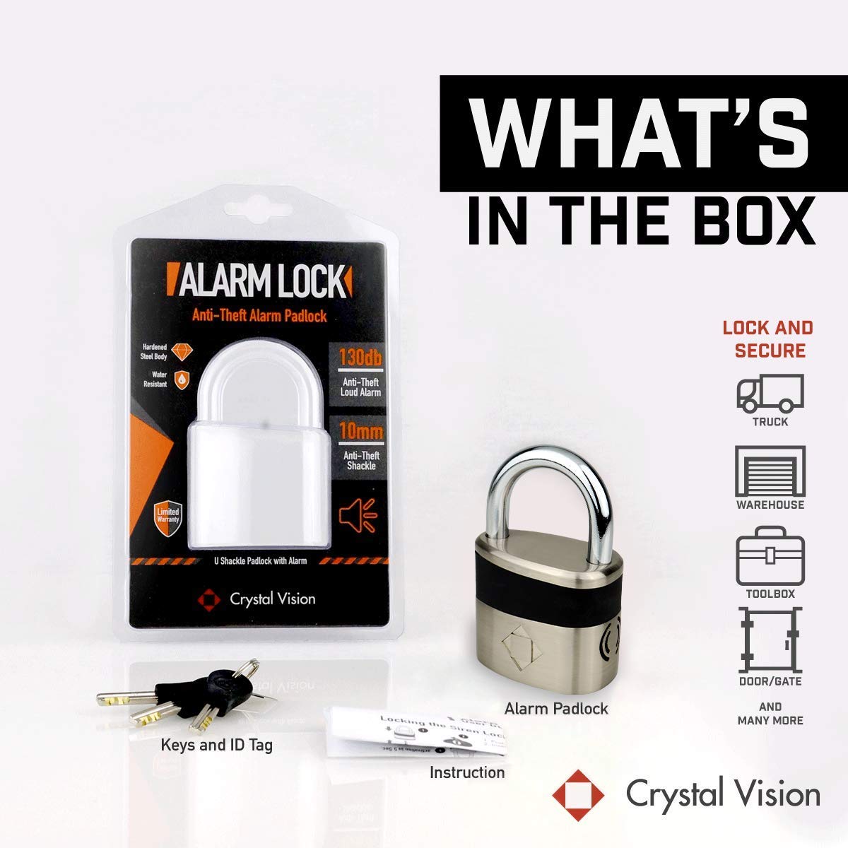 130db Anti-Theft Alarm Padlock & Bike U Lock Combo - Crystal Vision Security for Bicycles, Gates & Storage - Loud Alarm Deterrent for Outdoor Use