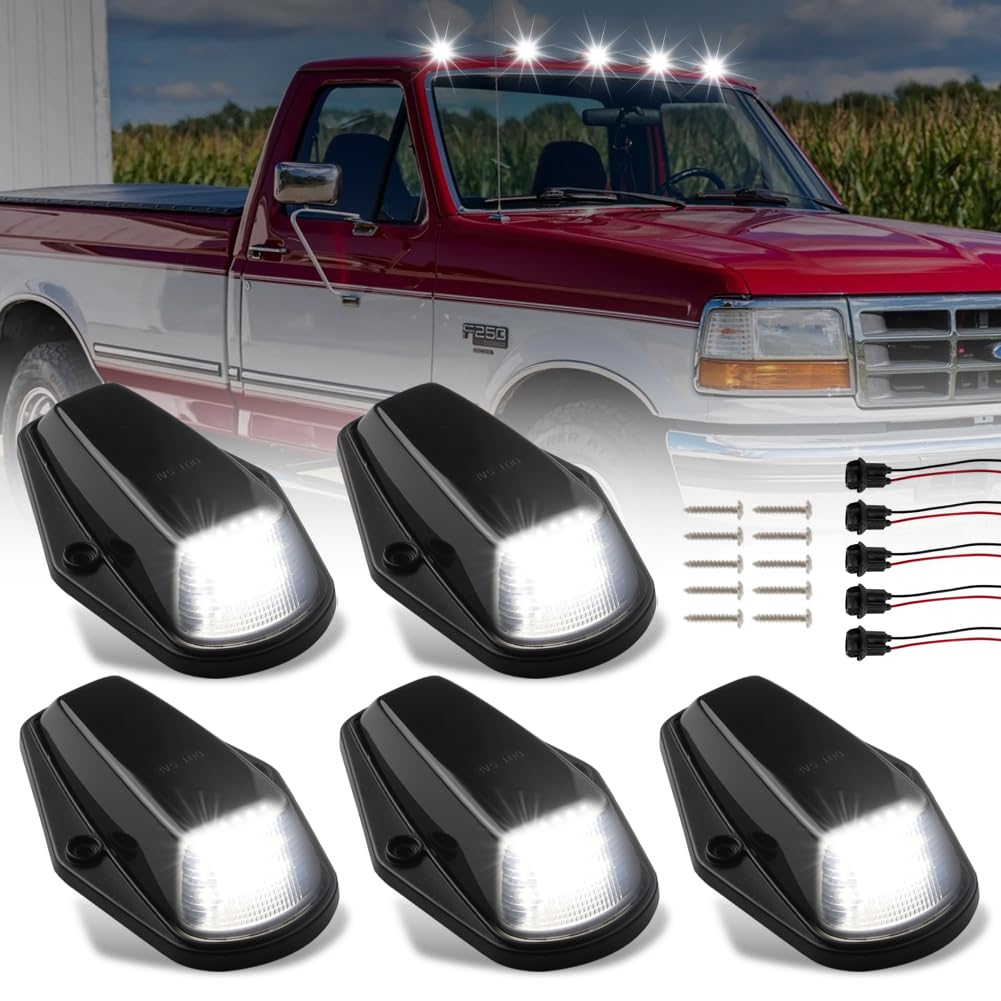 Super Bright 18 SMD LED Cab Roof Marker Lights - Clearance Running Lights for Ford F150 F250 F350 (1973-1997) - Smoked Lens White LED Cab Marker Lamps (5 Pack) - Perfect for Truck Customization & Nighttime Visibility