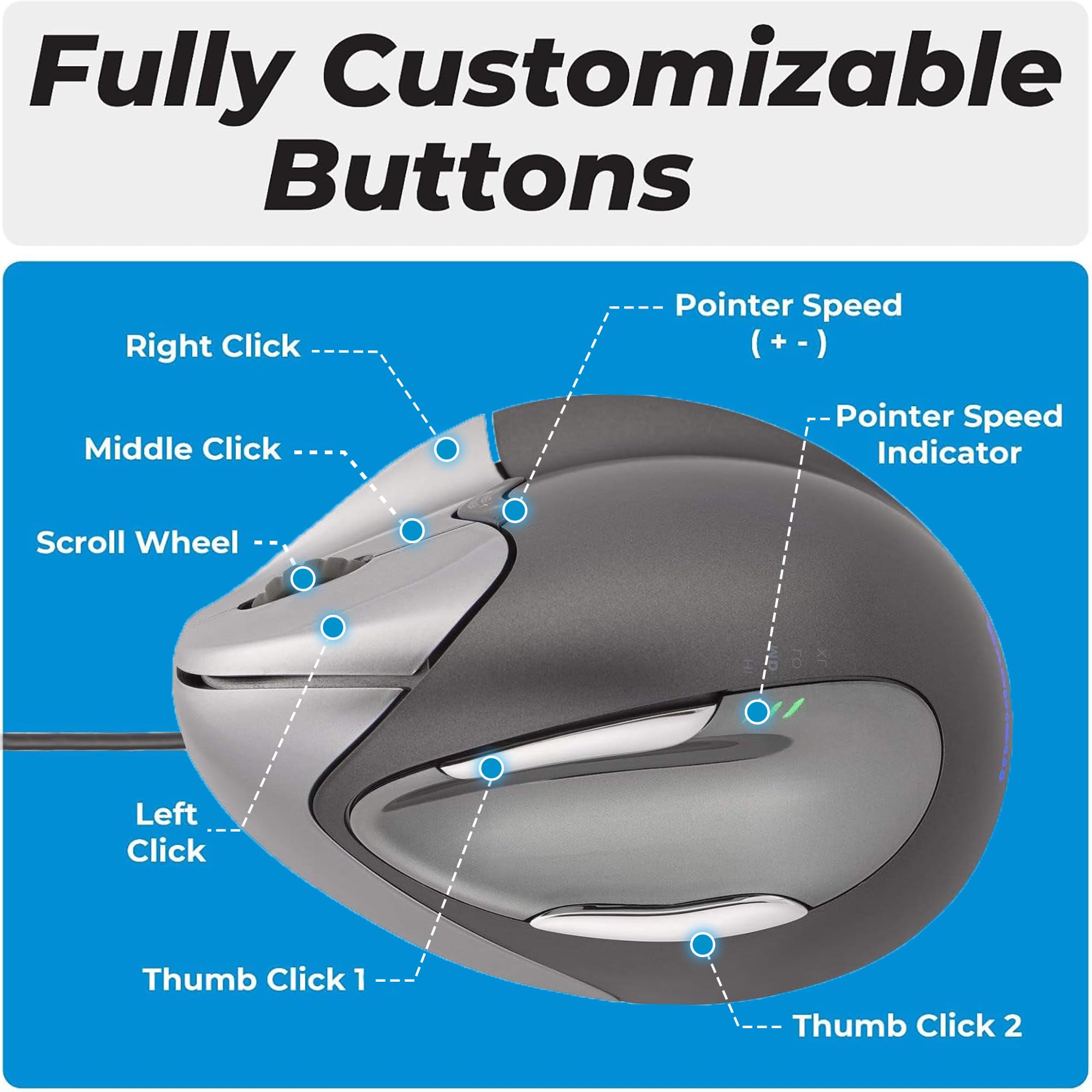 Evoluent VM4L VerticalMouse 4 Left-Handed Ergonomic USB Wired Mouse - Regular Size for Office Work, Gaming & Computer Use