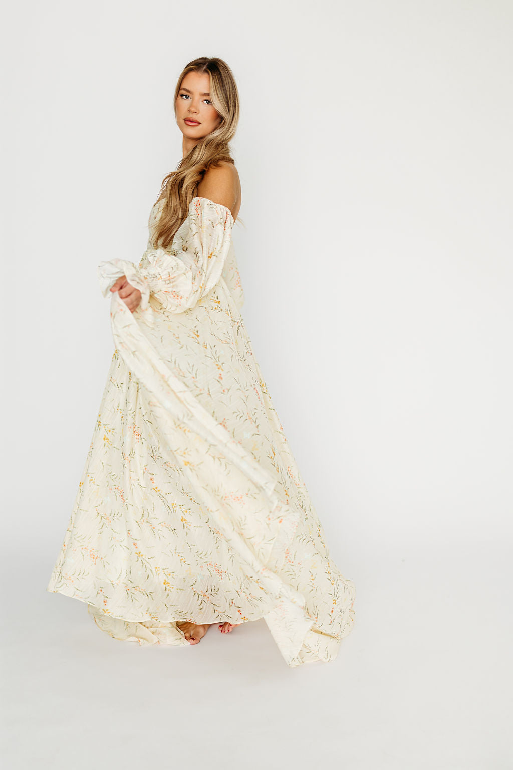 Delilah Maternity Dress with Train - Cream Floral Bump Friendly Wedding Gown for Pregnancy Photoshoot & Special Occasions