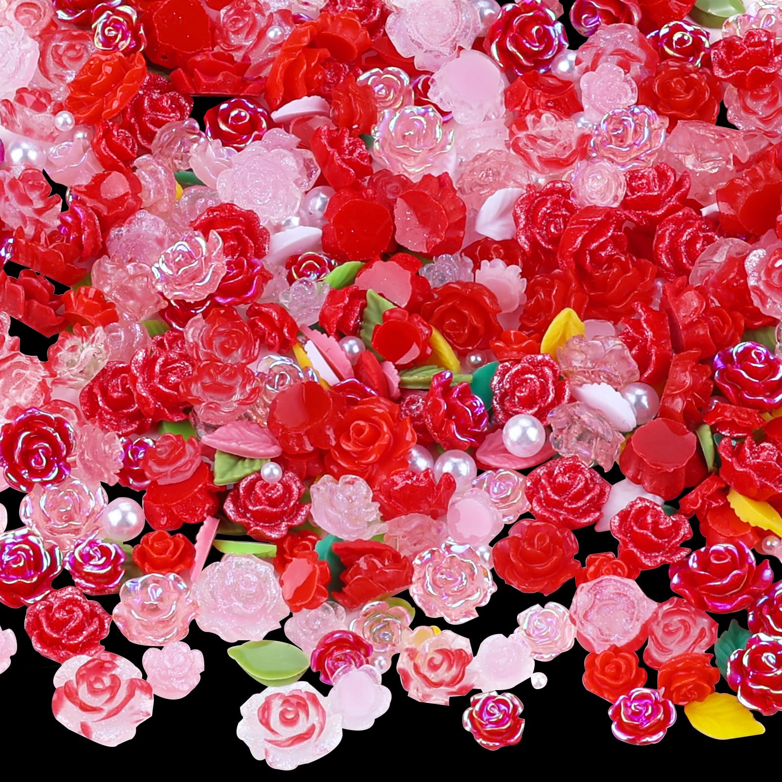 400Pcs 3D Camellia Flower Nail Charms - Pink Rose Floral Nail Gems with White Pearls for Acrylic Nails | DIY Nail Art Accessories for Women | Perfect for Bridal, Party & Salon Nail Designs (Red)