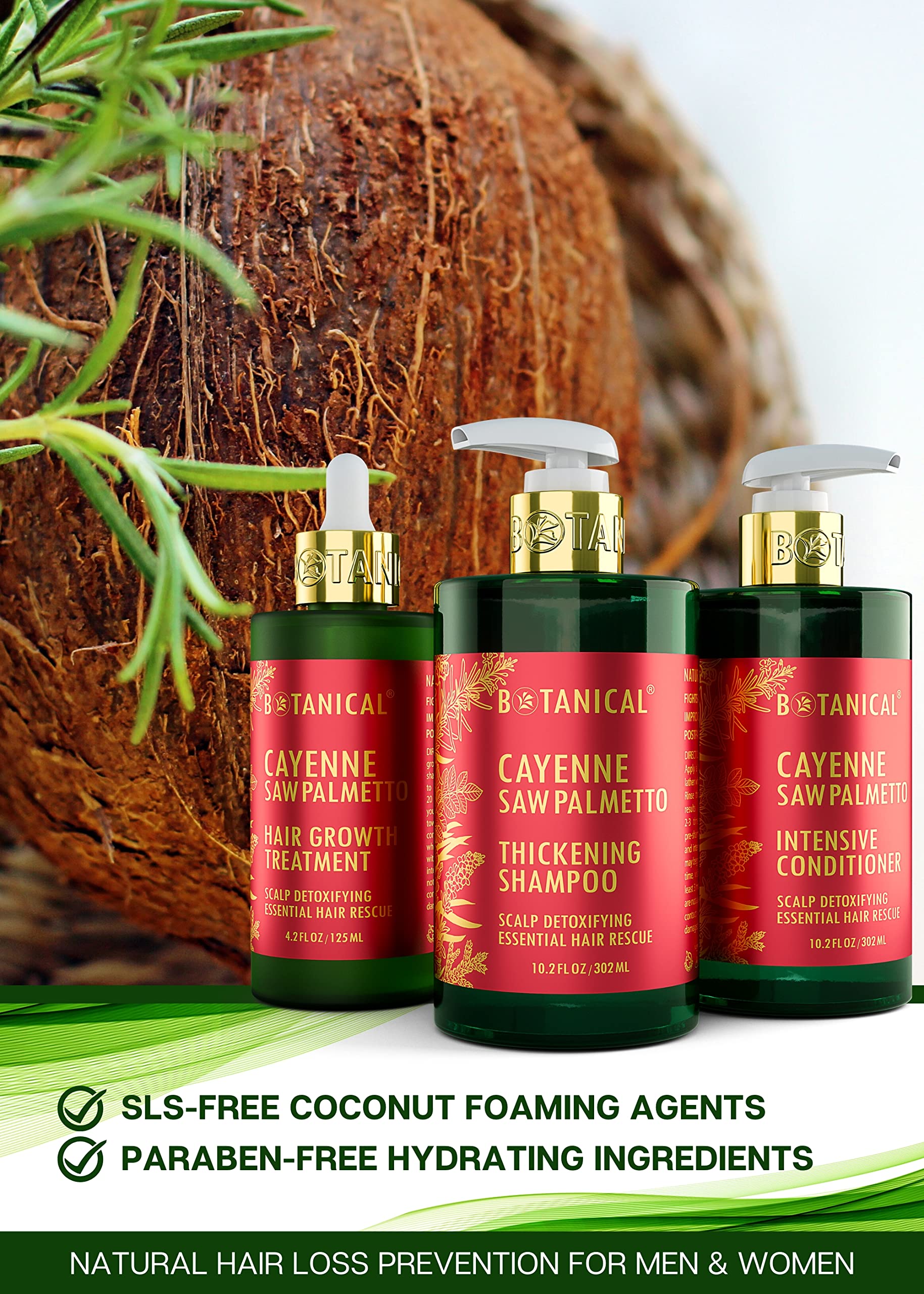 Botanical Hair Growth Treatment & Scalp Detox Shampoo with Cayenne & Saw Palmetto - Thickening Shampoo and Anti-Thinning Conditioner for Hair Loss in Women & Men | Promotes Healthy Hair Growth for Daily Use & Styling