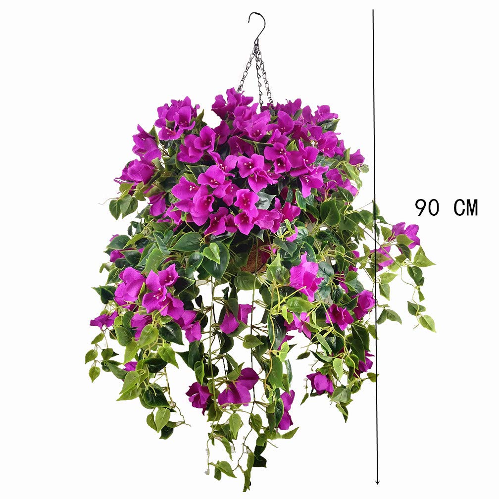Set of 2 Hanging Coconut Palm Baskets with Artificial Bougainvillea Silk Flowers - Purple & Red Floral Decor for Patio, Porch, or Garden