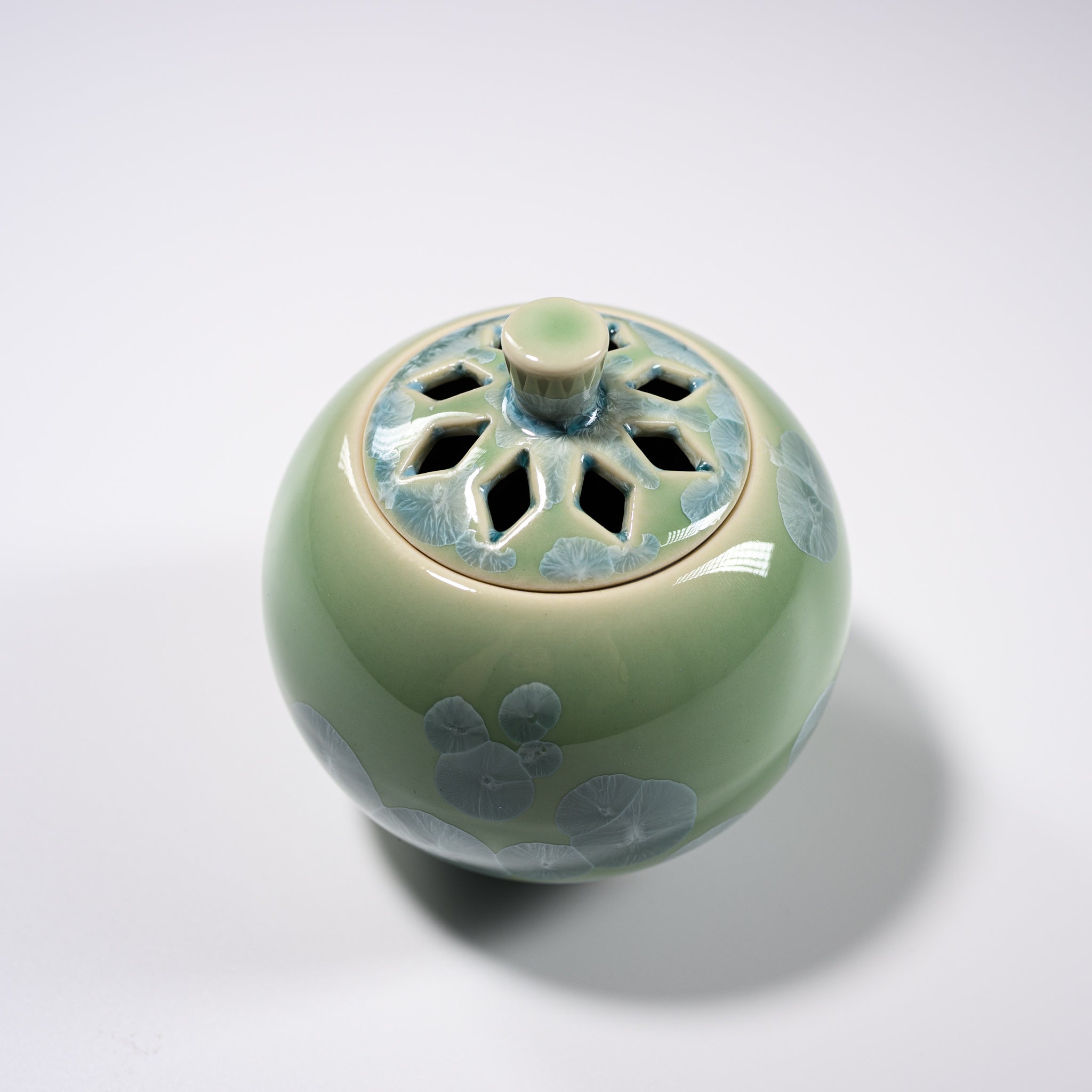 Premium Kyo Kiyomizu Ware Ceramic Incense Burner - Traditional Japanese Green Flower Glaze Design for Home Meditation, Yoga & Zen Decor