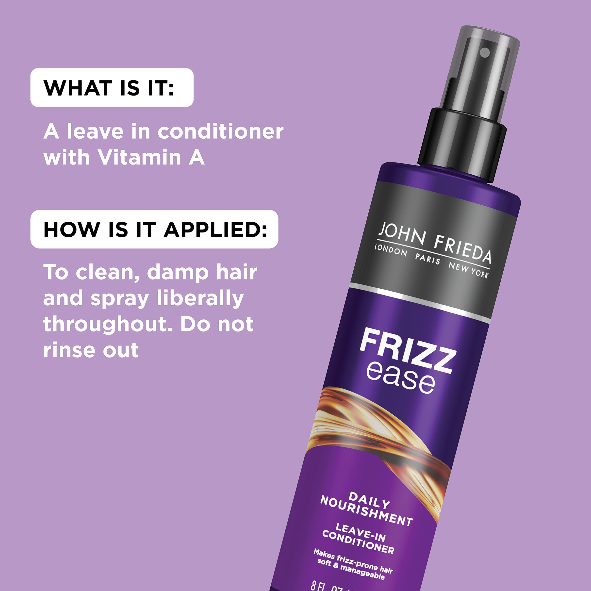John Frieda Frizz Ease Daily Nourishment Leave-In Conditioner for Frizzy & Damaged Hair - Detangles, Reduces Breakage, Heat Protection with Vitamins A, C, E & Green Tea Extract - 8 Oz (Pack of 2) - Perfect for Daily Hair Care & Styling Protection
