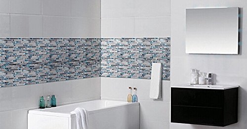 Teal Blue Crystal Glass and Gray Polished Marble Linear Mosaic Tile - 11 Sq Ft Interlocking Bathroom Wall Tiles, Kitchen Backsplash, Fireplace Decor for Modern Home Renovation