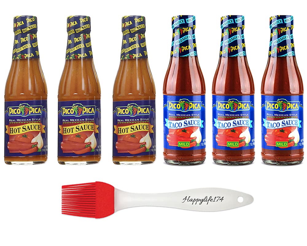 Pico Pica Hot Sauce 7oz (3-Pack) & Taco Sauce 7oz (3-Pack) Bundle with Silicone Basting Brush - Perfect for Grilling, BBQ, and Mexican Cooking