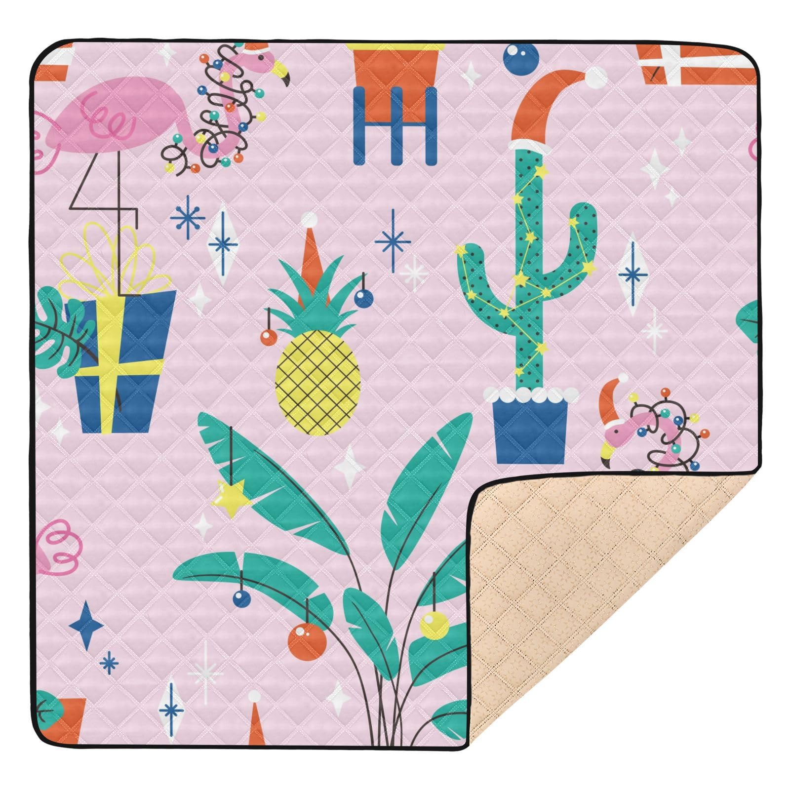 Christmas Tropical Plants & Flamingo Hope Hat Foldable Baby Play Mat – 50'' x 50'' Washable Padded Activity Mat for Infants, Toddlers & Kids | Indoor & Outdoor Use for Playtime, Crawling & Tummy Time