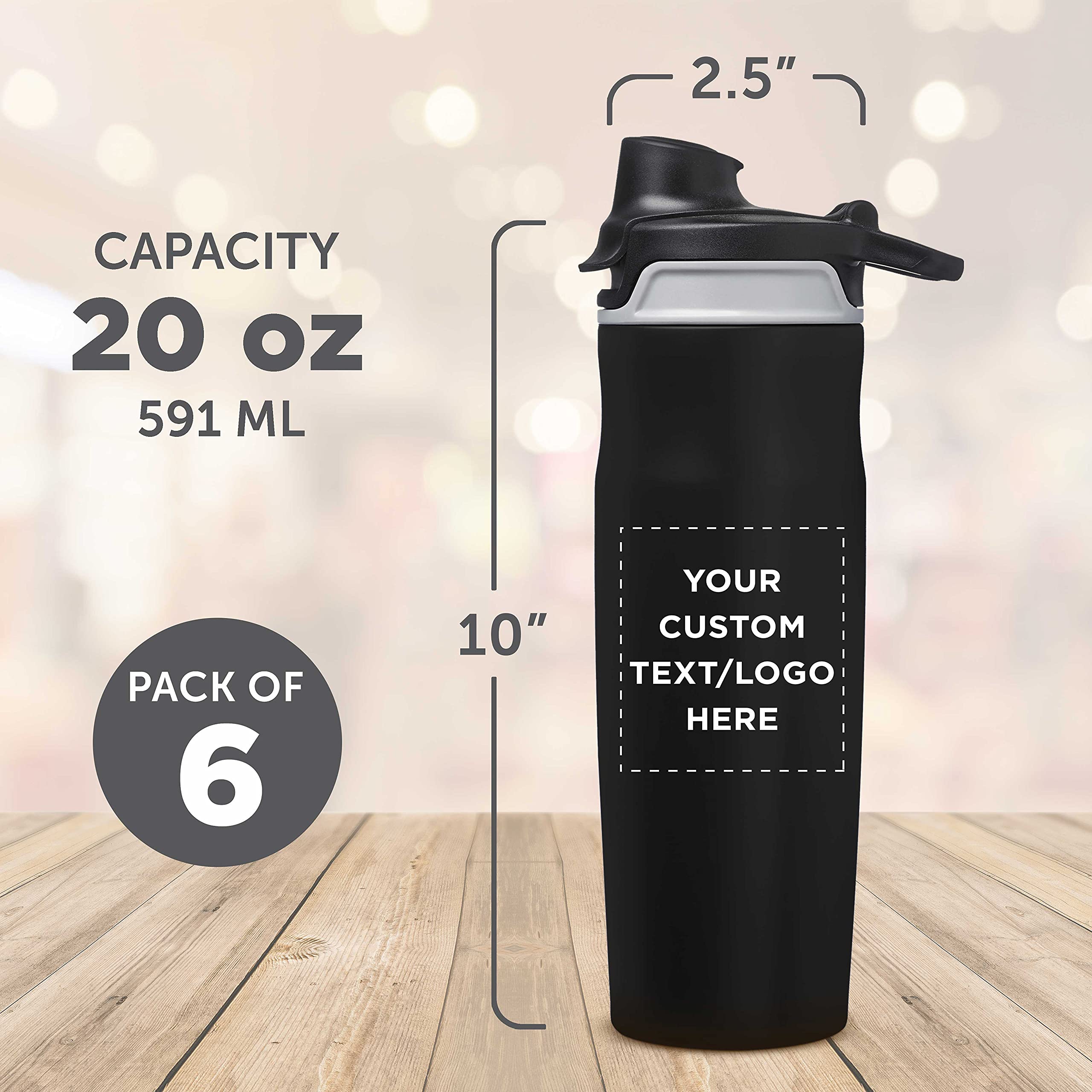 Custom Juno 20oz Water Bottles with Flip Lid - Set of 6 Reusable Personalized Bottles for Gym, Hiking, Cycling & School - Bulk Pack Black - Perfect for Sports, Outdoor Activities & Daily Hydration
