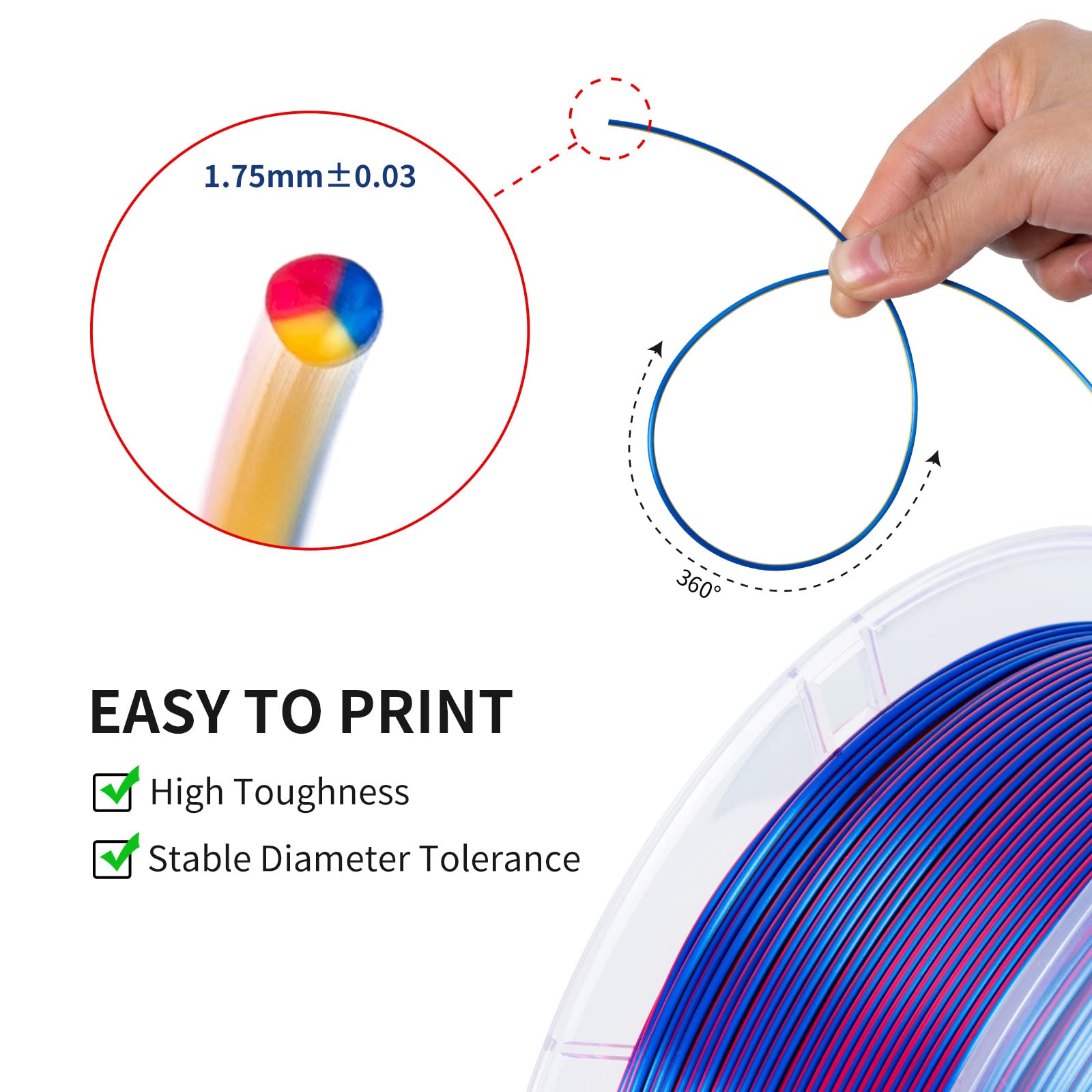 TRONXY 3D Printer Filament, Triple Color Coextrusion PLA Filament 1.75mm, Silk Red Yellow Blue Filament, 3D Printing Filament +/-0.03mm, 1kg/2.2lbs - Perfect for DIY Projects, Cosplay Props, and Creative Models