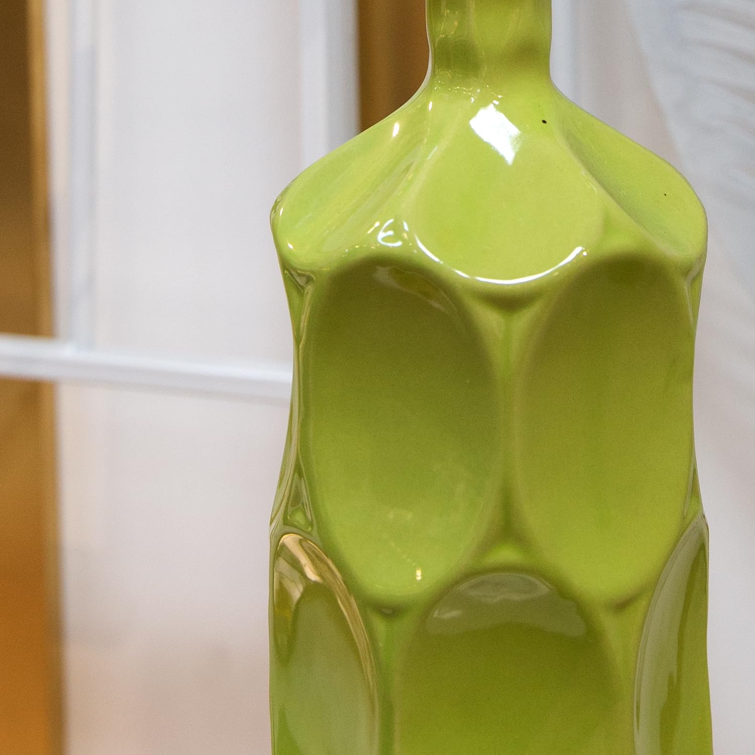 Handmade Ceramic Round Bottle Vase with Dimpled Sides - Small Glossy Green Home Decor for Centerpieces, Wedding Decor & Living Room Accents