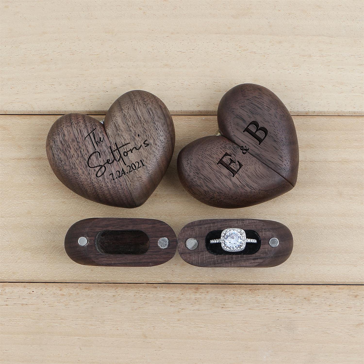 KWOOD Personalized Heart Shaped Walnut Ring Box with Magnetic Closure - Elegant Engagement Ring Box, Wedding Jewelry Gift for Her, Birthday Present - Perfect for Proposal, Ring Storage & Special Occasions