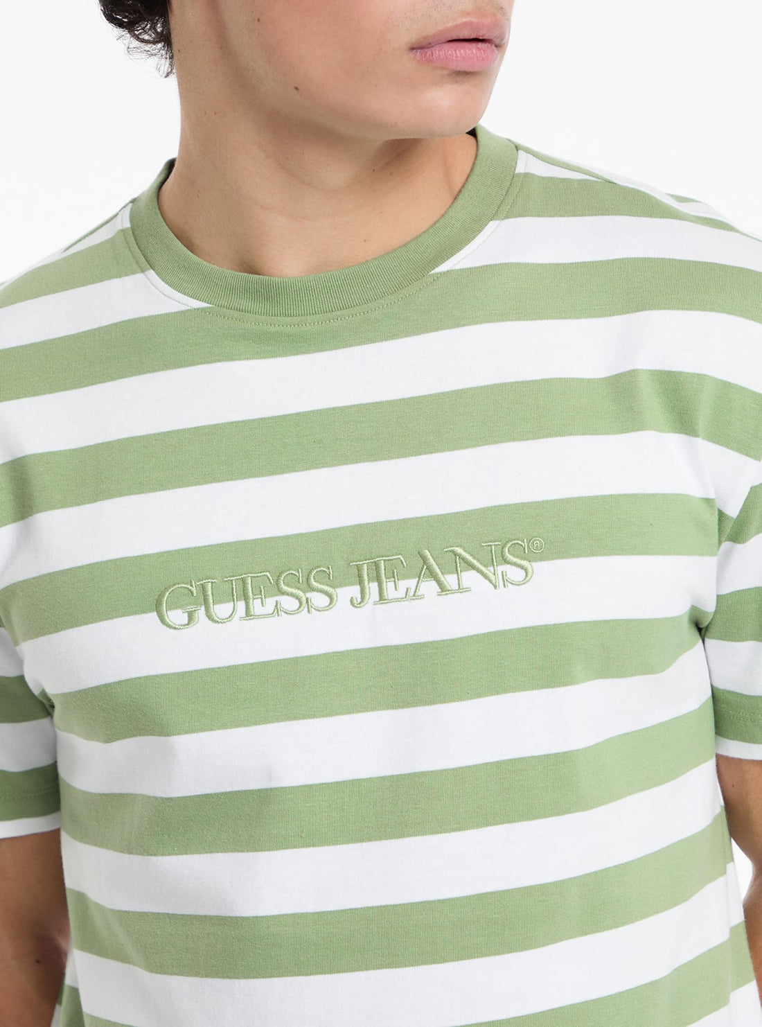 Guess Women's Green Striped T-Shirt | Casual Cotton Tee for Everyday Wear | Perfect for Outings, Shopping & Relaxing