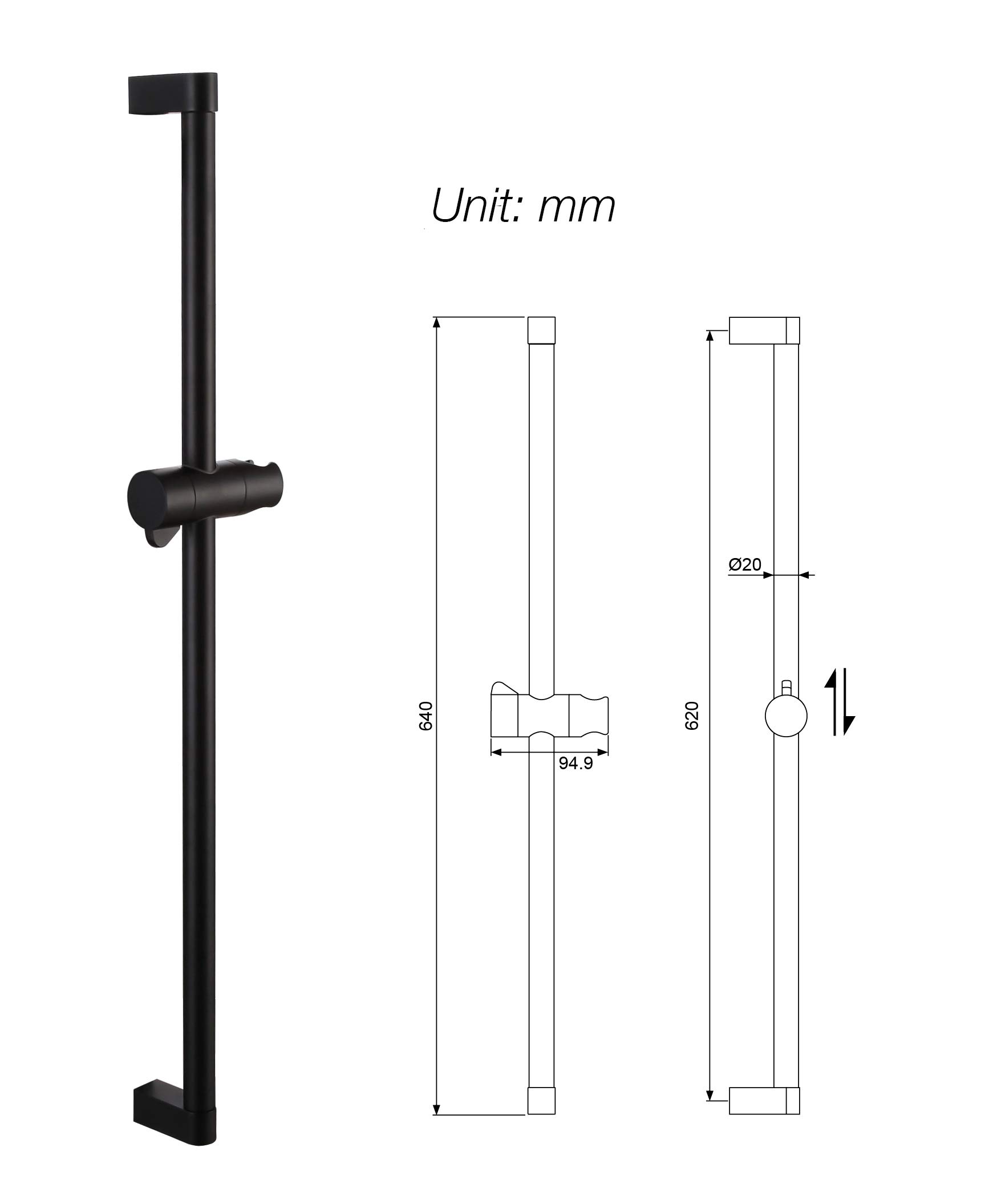 Kelica Matte Black Solid Wall Mount Brass Hand Shower Slide Bar - Adjustable Shower Arm for Handheld Shower Heads | Perfect for Bathroom Renovation & Spa-Like Shower Experience