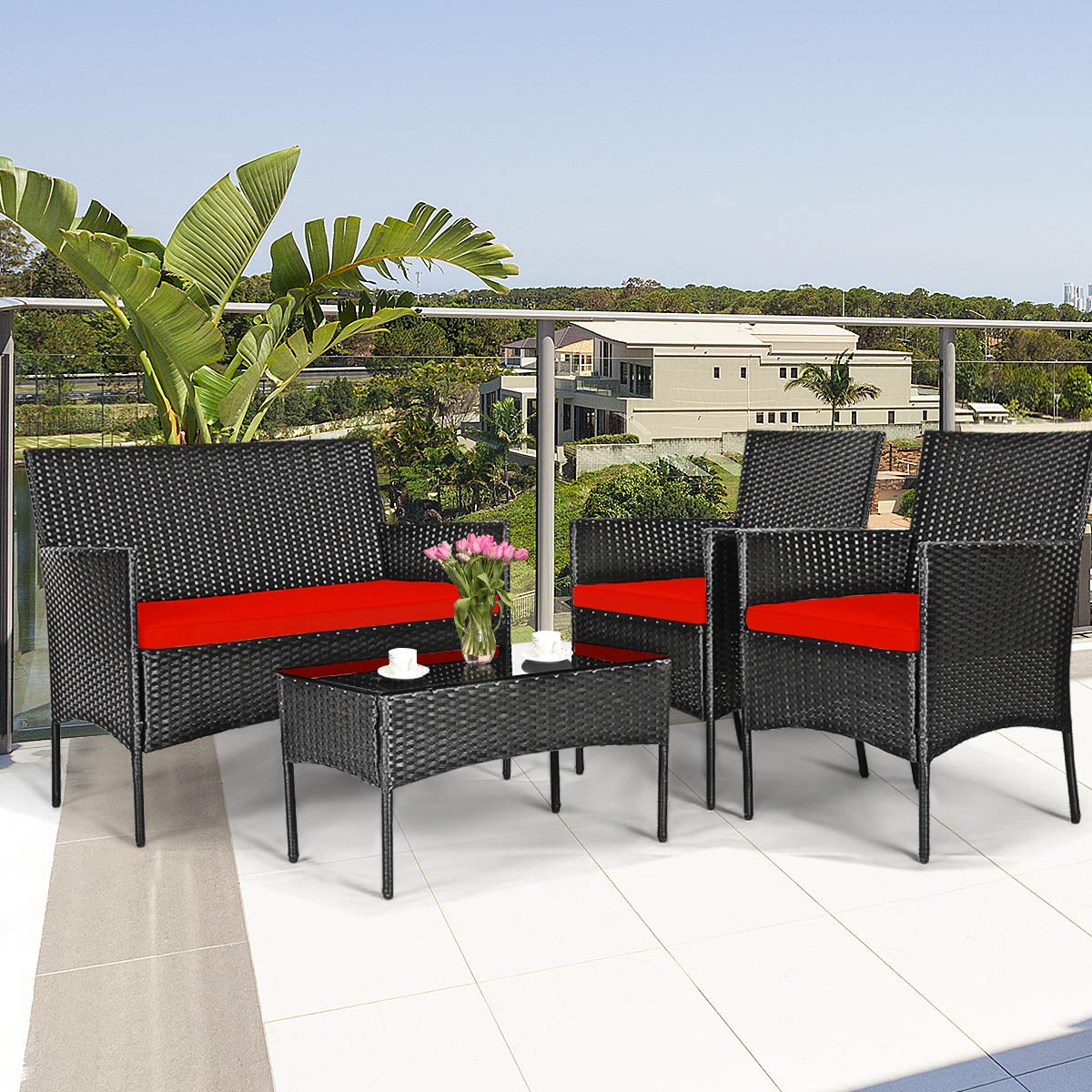 8-Piece Outdoor Patio Furniture Set - Rattan Wicker Conversation Sofa with Tempered Glass Table & Removable Cushions - Perfect for Poolside, Garden, Backyard, and Patio Relaxation