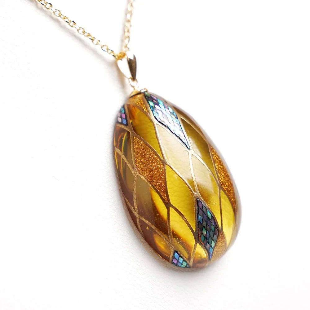 Handmade Japanese Maki-e Urushi Lacquer Pendant Necklace - Amber Dragon Scale Pattern Traditional Jewelry for Women | Gift for Her, Wedding, Anniversary & Special Occasions
