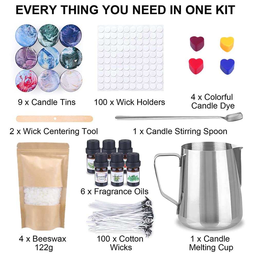 Premium Beeswax Pellets Candle Making Kit - 480g Natural Wax, 50 Cotton Wicks, 4 Vibrant Dyes, 500ml Stainless Steel Melting Pot, 100 Wick Stickers, 9 Decorative Tins - DIY Home Candle Crafting for Gifts, Aromatherapy & Relaxation