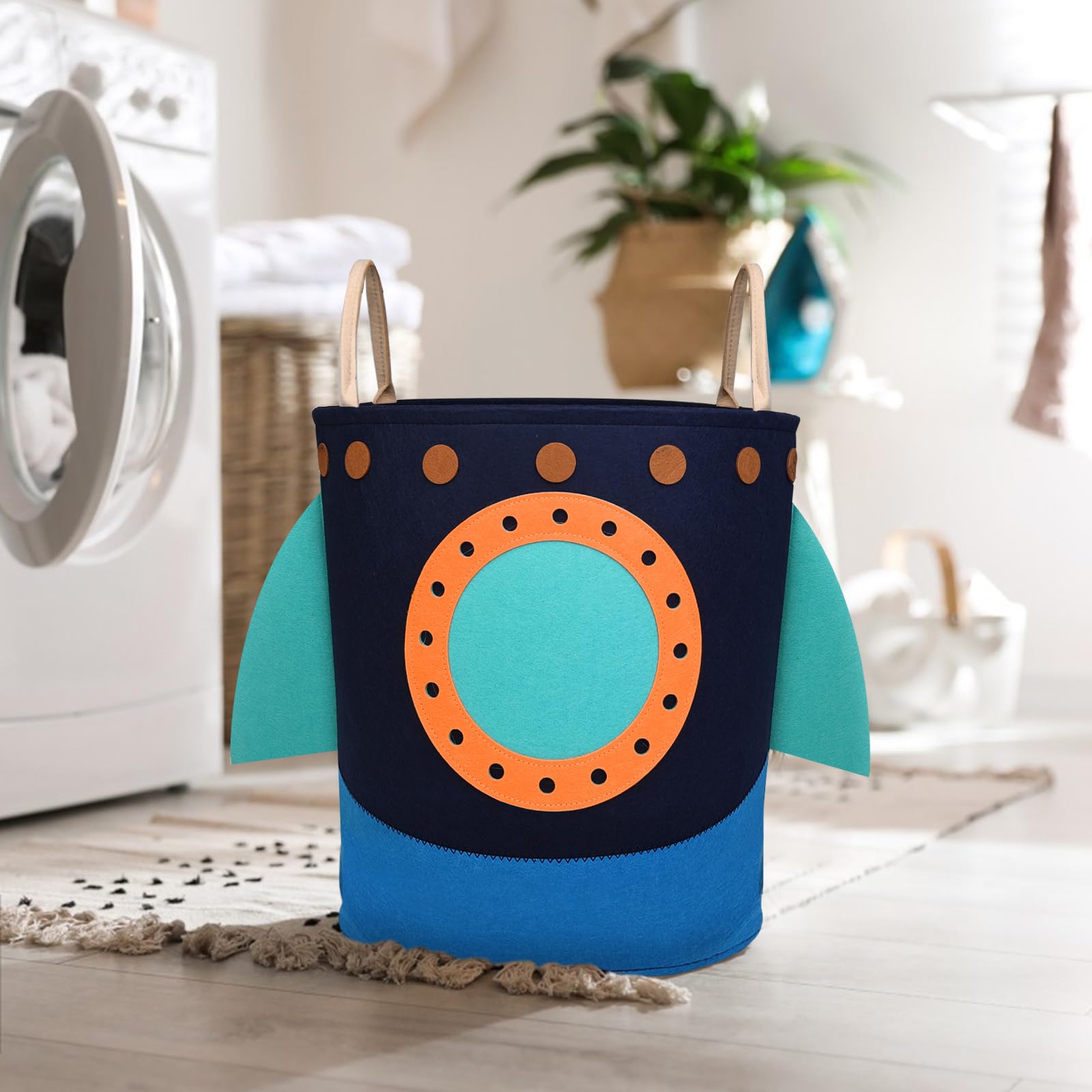 Large Kids Laundry Hamper Basket with Carry Handle - Rocket Design for Toy Storage, Baby Clothes & Bedroom Decor - Perfect for Boys & Girls Room Organization