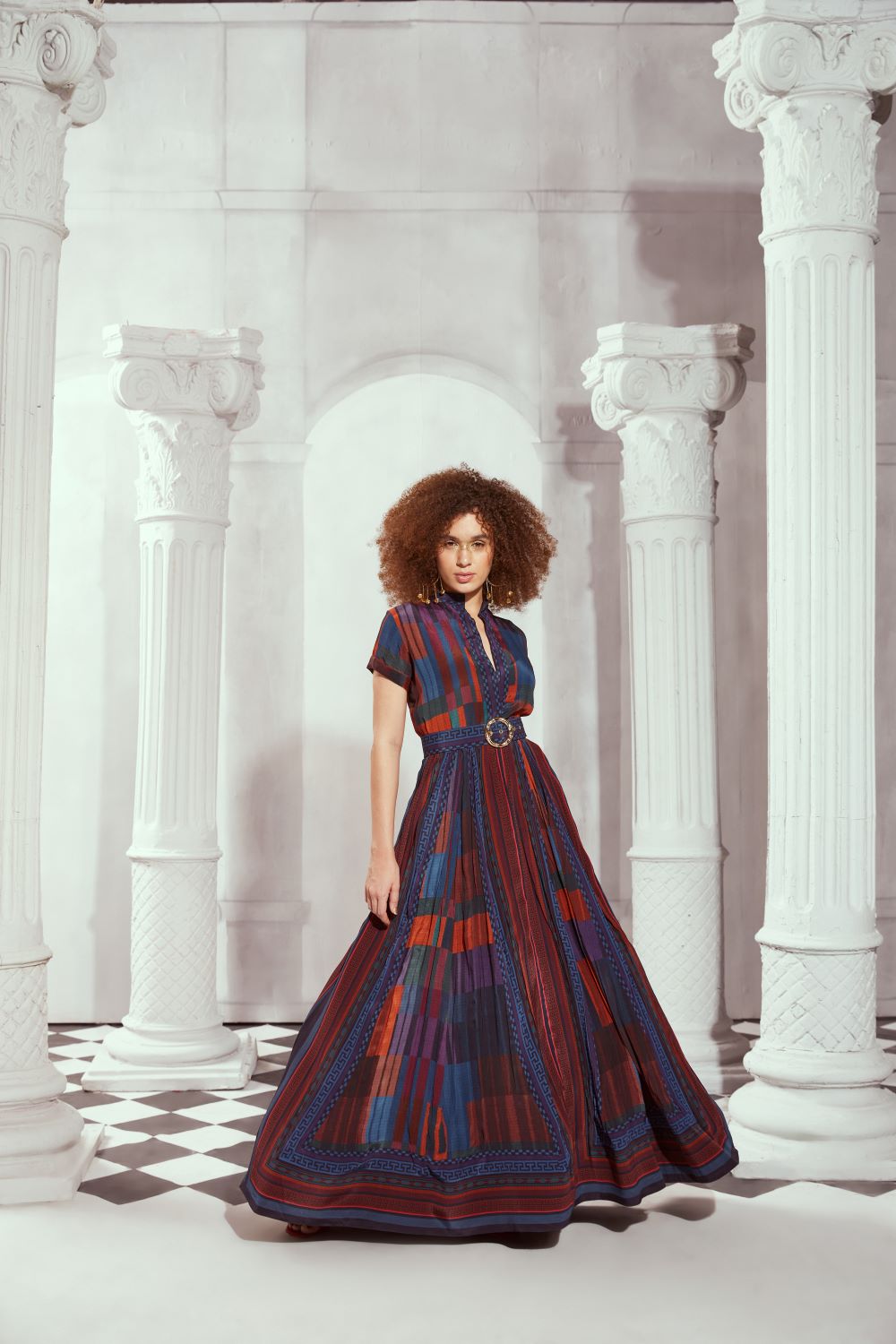 Stylish Tangerine Tile Print Long Dress with Adjustable Belt - Perfect for Summer Parties, Beach Vacations & Casual Outings