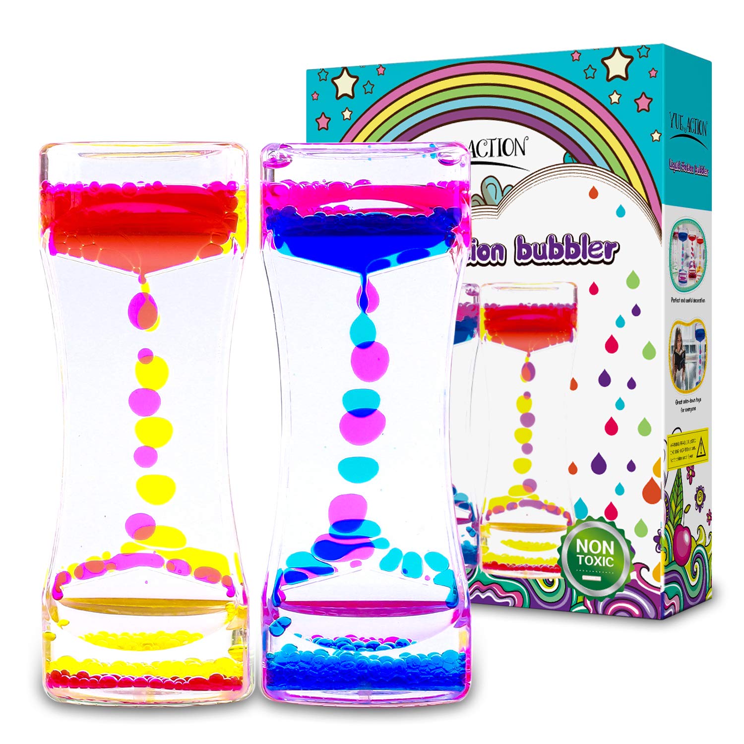 YUE Action Liquid Timer 2 Pack - Sensory Bubble Timer for Stress Relief & Focus | Autism & ADHD Fidget Toys | Desk Decor & Classroom Activity | Novelty Gifts for Kids & Adults (Blue + Orange Set) - Perfect for Office, Home & School Use