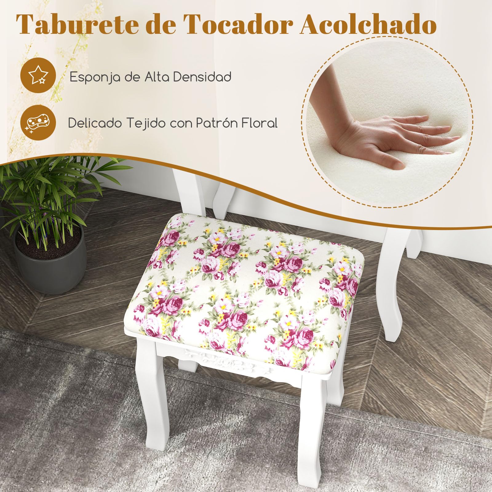 Vintage Wooden Makeup Vanity Table with Removable Fan-Shaped Mirror & 3 Drawers, White Dressing Table with Padded Stool (50 x 30 x 136 cm) - Perfect for Bedroom, Dressing Room & Beauty Salon Organization