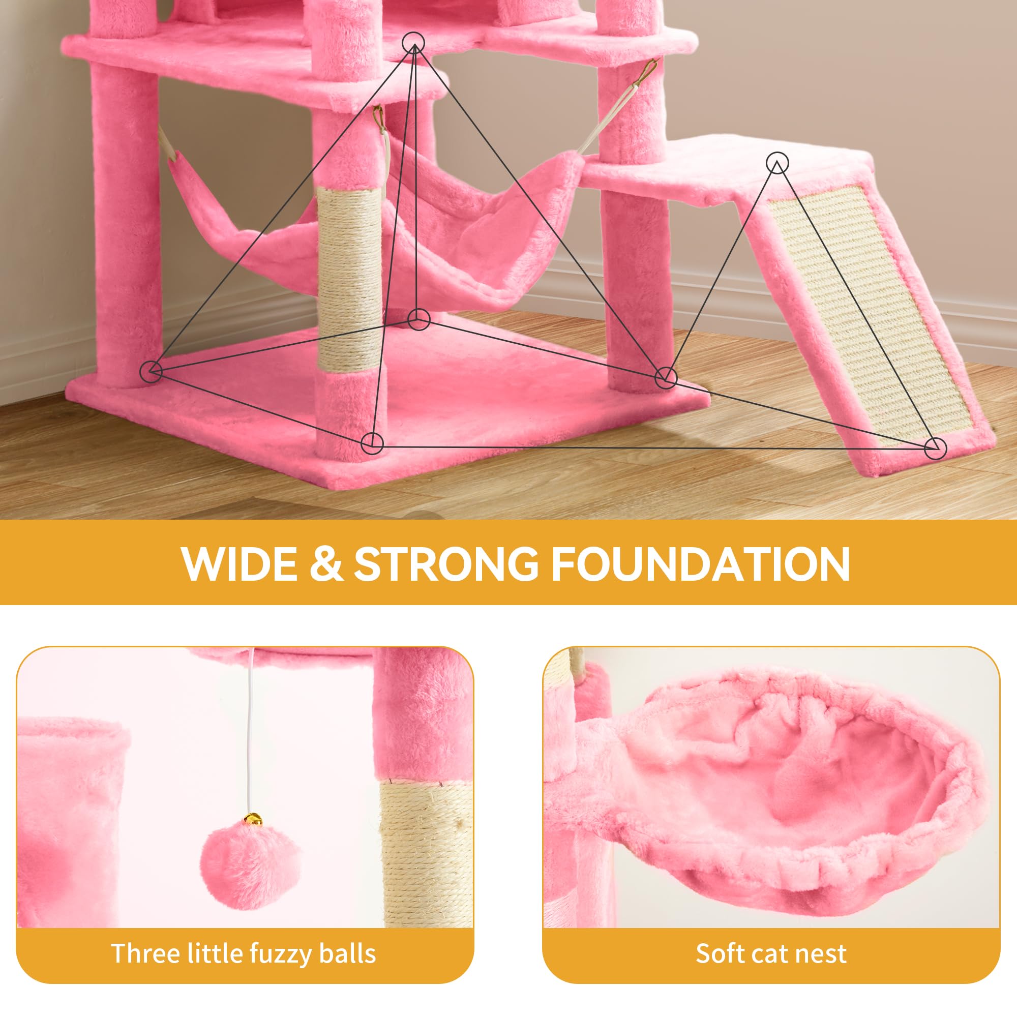 YITAHOME 75 Inch Tall Cat Tree for Indoor Cats - Multi-Level Cat Tower with Condos, Perches, Sisal Scratching Posts, Cozy Basket & Hammocks - Large Cat Activity Structure in Pink - Perfect for Play, Rest & Climbing in Home or Office