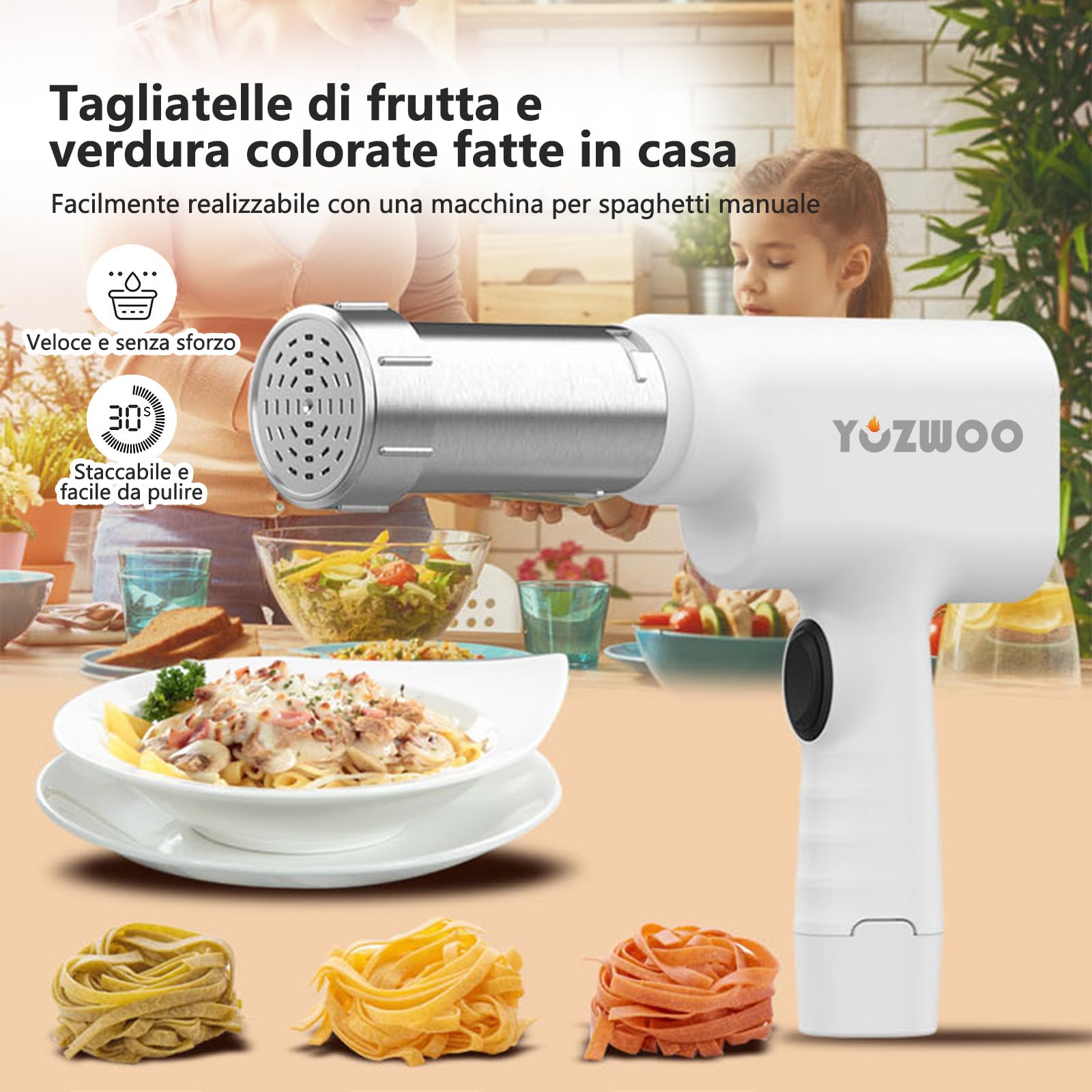 Electric Pasta Maker Machine - Handheld Noodle Press & Extruder for Homemade Pasta, Sausage | Portable Kitchen Tool for Italian Cuisine, Family Cooking & Restaurant Use (White)