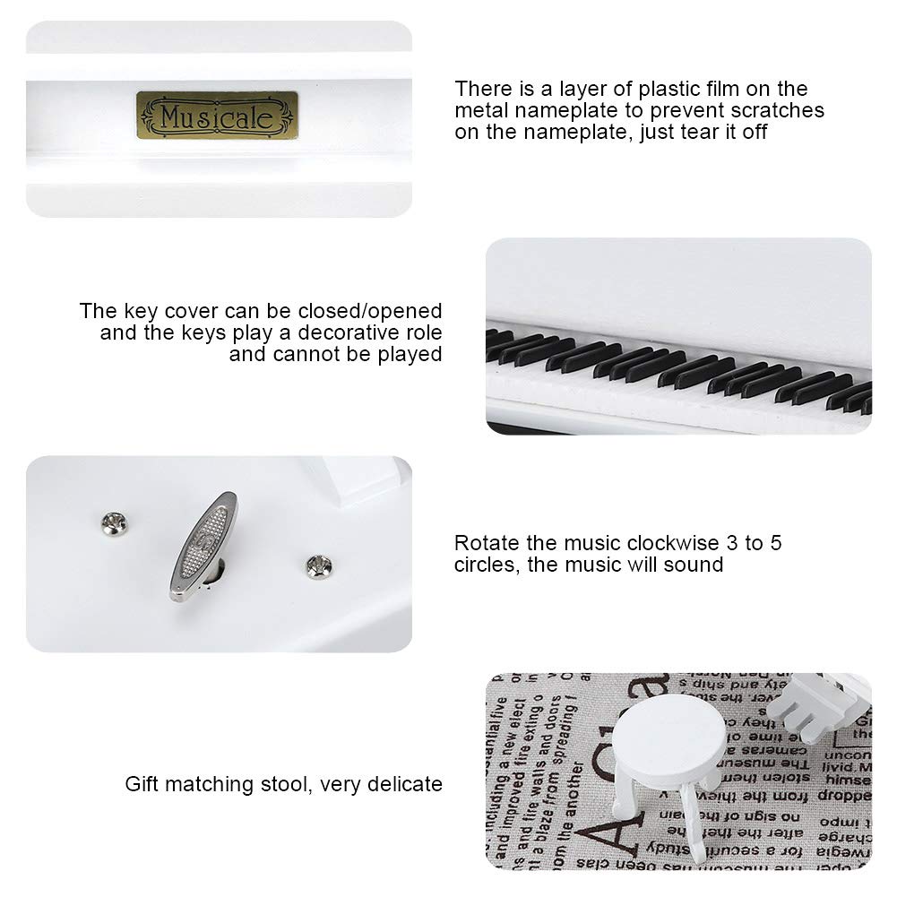 White Wooden Piano Music Box - Handcrafted Jewelry Storage Box with Stool | Elegant Home Decor Gift for Music Lovers | Perfect for Bedroom, Living Room & Wedding Decor