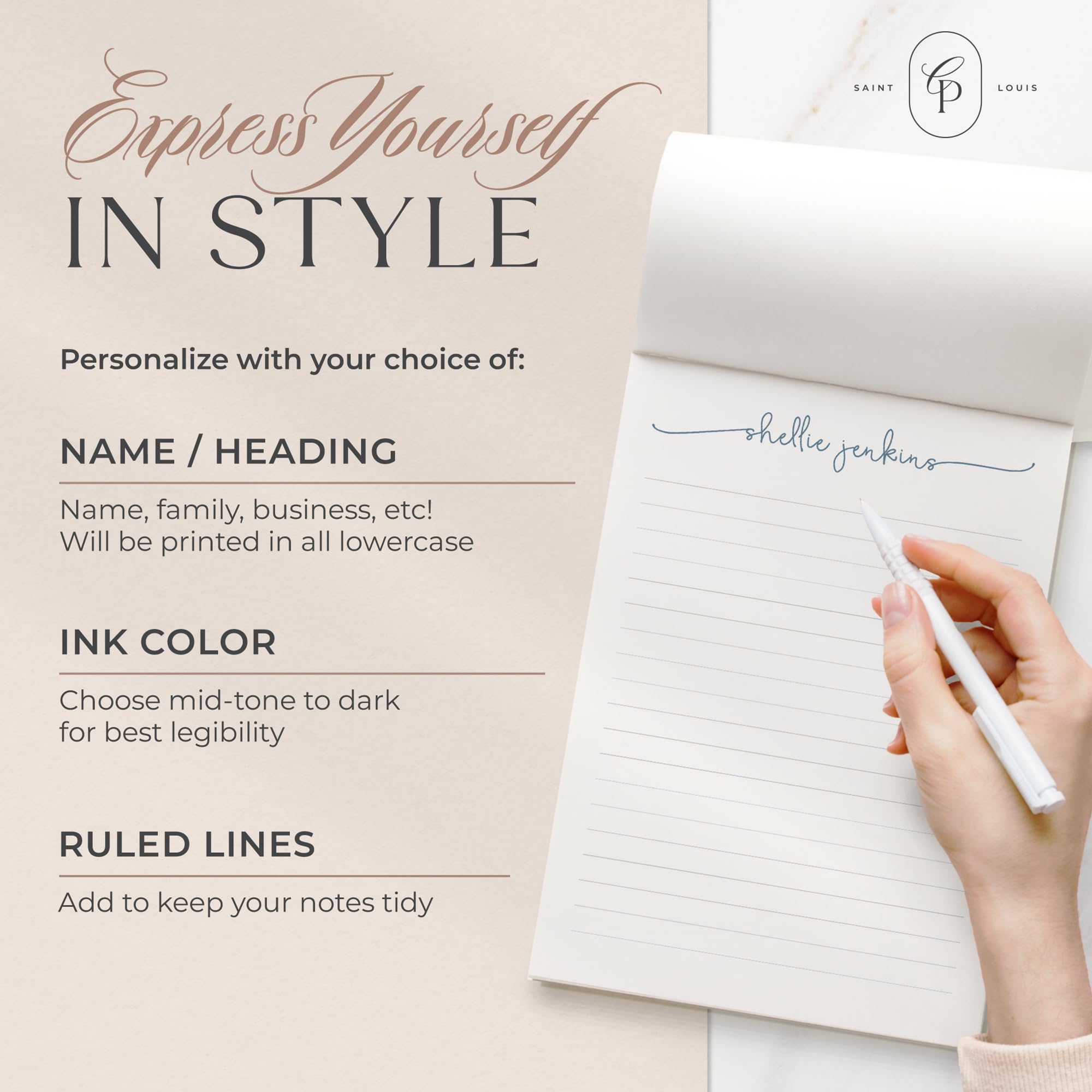 Custom Personalized Notepads for Women & Girls - Lined/Unlined Note Pads with Name in Lowercase - Cute Memo Pads, Swash Script Design - Perfect for Journals, Office Notes & Gift Giving