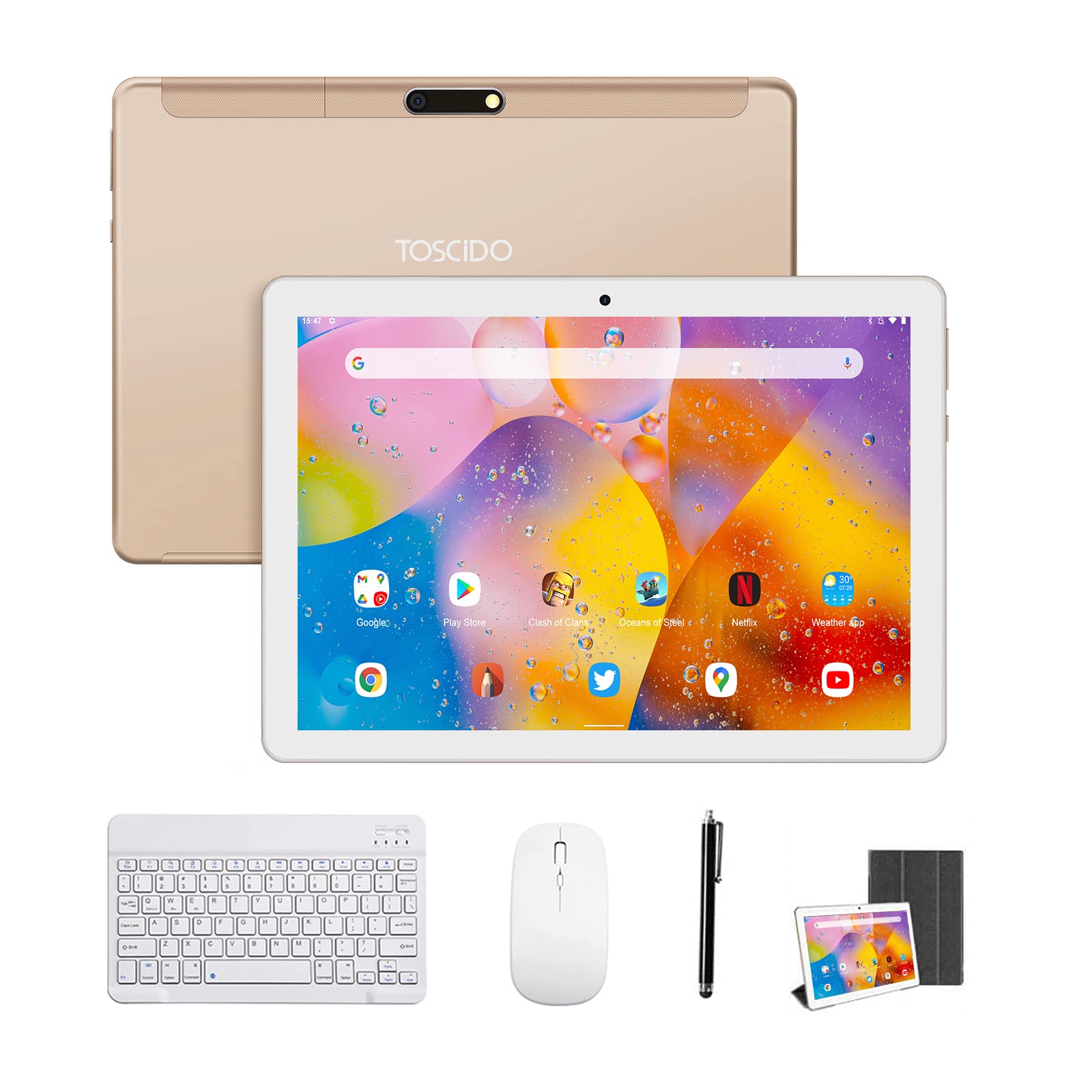 10 Inch Android Tablet 8-Core Processor - TOSCIDO Ultra-Fast Tablet with 4GB RAM 64GB ROM, 72 Hours Battery Life, WiFi Only, Supports Bluetooth, Includes Keyboard/Mouse/Case - Golden - Perfect for Work, Study, and Entertainment