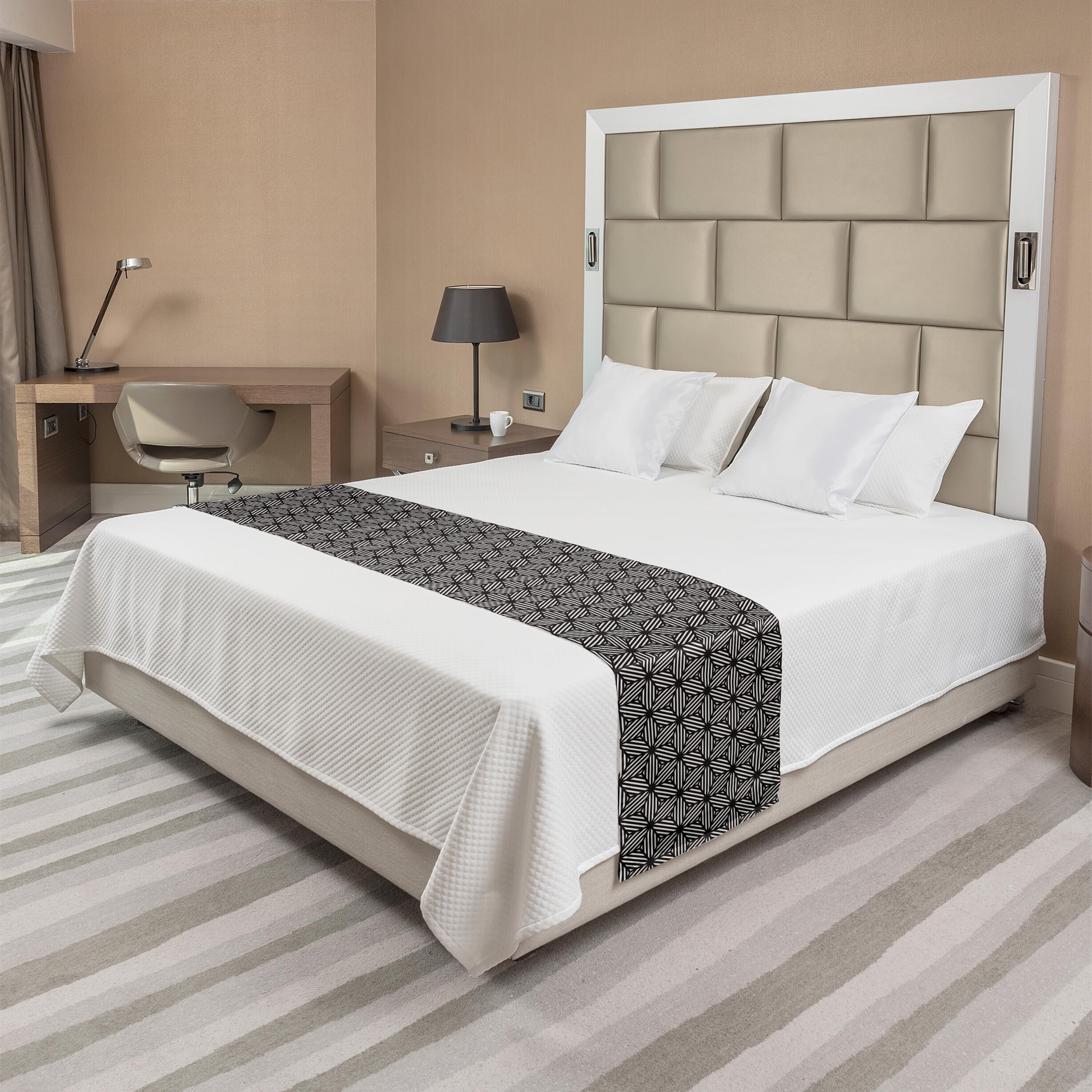 Ambesonne Geometric Bed Runner - Modern Monochrome Striped Cubes Pattern Decorative Bed Scarf | Hotel & Home Bedding Accent | Seal Brown & Eggshell | Perfect for Guest Rooms, Master Bedrooms & Airbnb Decor