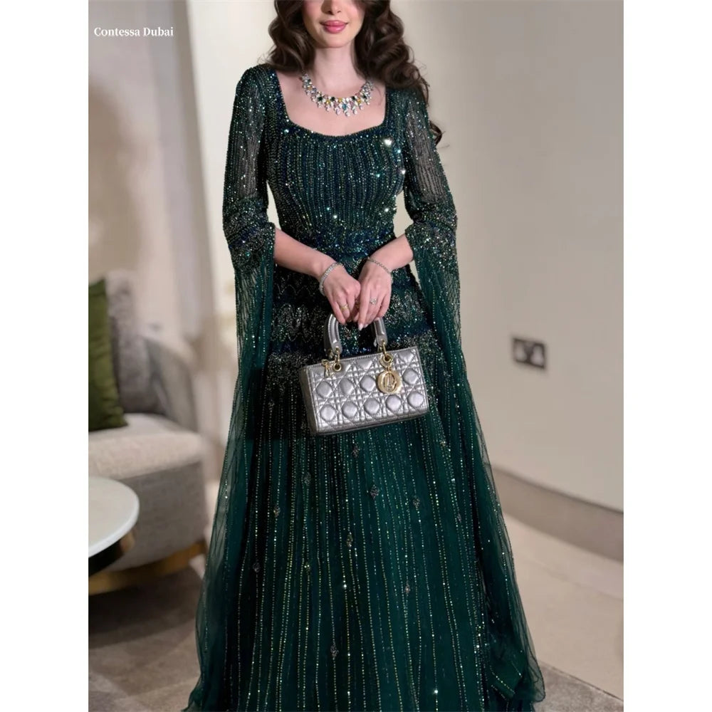 Elegant Dubai Beading Prom Dress - Square Collar Long Sleeves Trailing Evening Gown for Women | Perfect for Formal Events, Weddings & Red Carpet Occasions