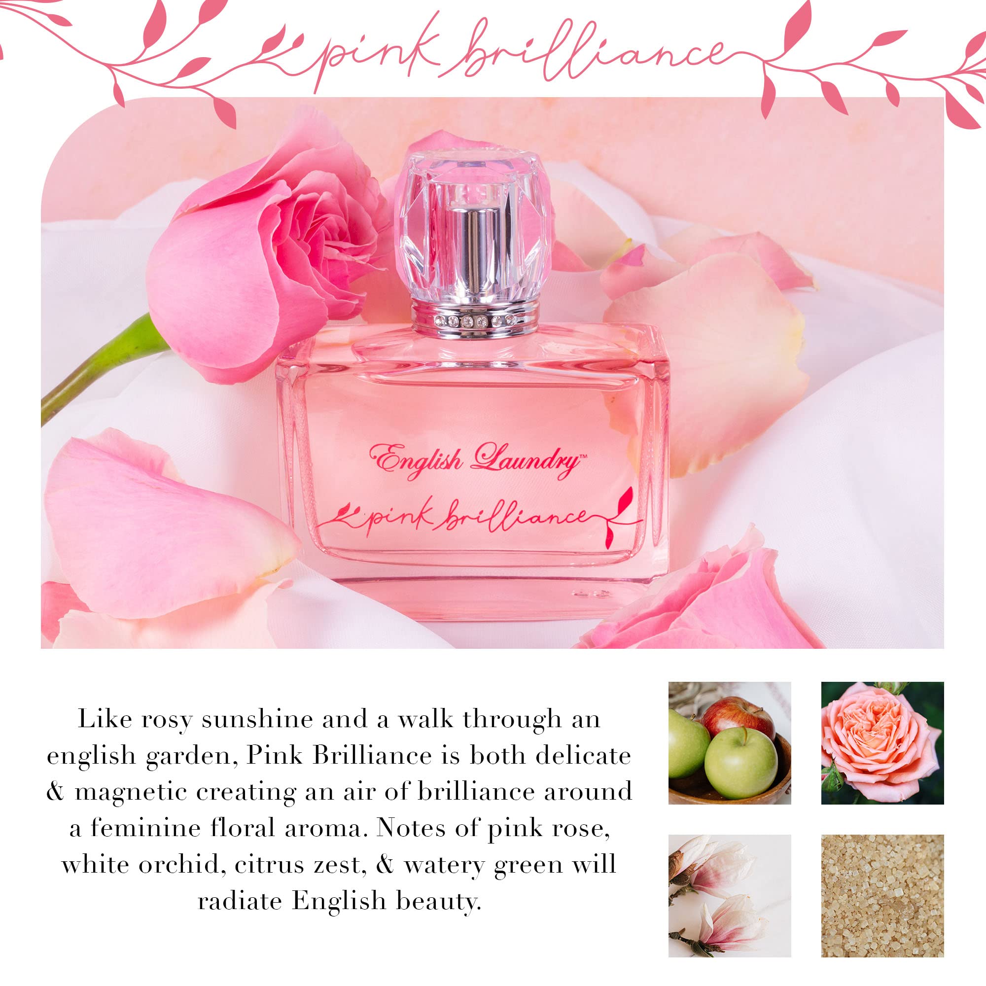 English Laundry Pink Brilliance Eau de Parfum for Women, 3.4 Fl Oz - Floral Fruity Fragrance, Long-Lasting Perfume for Daily Wear, Date Night & Special Occasions