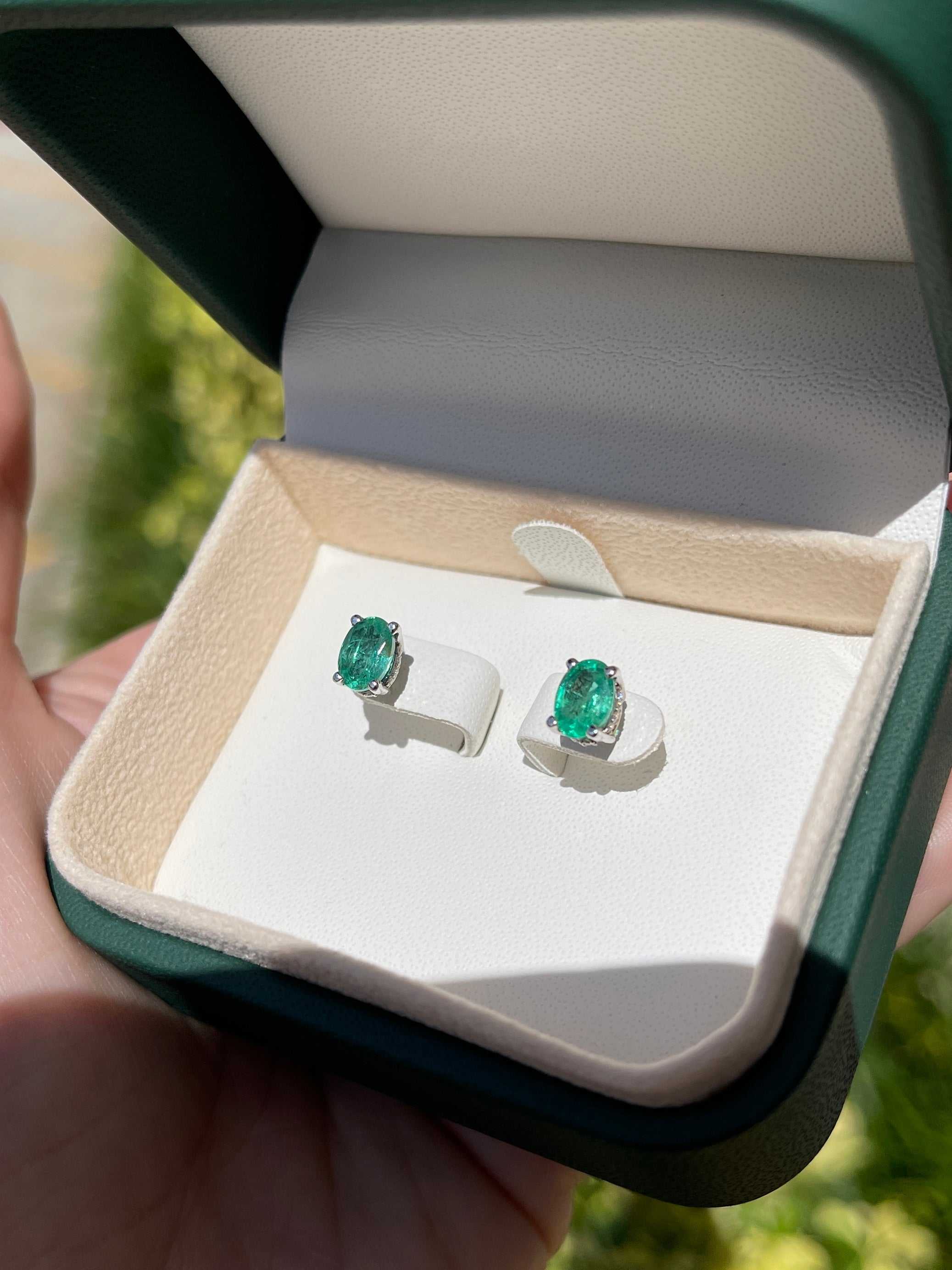 1.95tcw Natural Oval Emerald & Diamond Hidden Halo Stud Earrings in 14K Gold - Elegant Jewelry for Women, Perfect for Weddings, Parties & Special Occasions