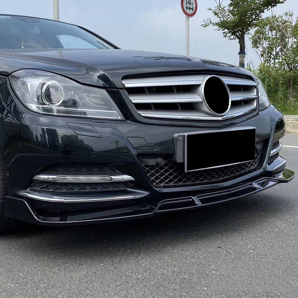 2008-2014 Mercedes Benz W204 C Class Coupe/Sedan AMG Sport Front Bumper Lip Splitter Kit - Glossy Black & Carbon Style 3PC - Enhance Your Ride's Aerodynamics & Style for Street Racing & Car Shows