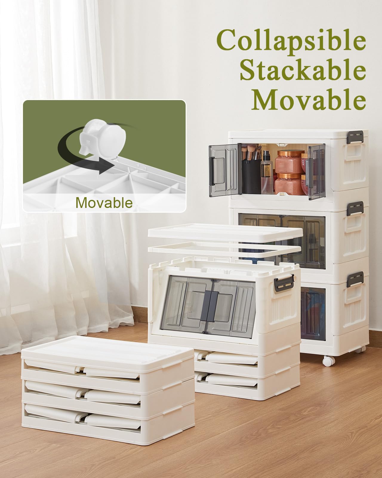 OlarHike 23QT Folding Storage Box with Doors & Wheels - Collapsible Plastic Storage Bins for Closet Organization, Stackable Storage Containers for Home, Office & Garage (3-Pack) - Perfect for Seasonal Clothes, Toys & Household Items Storage
