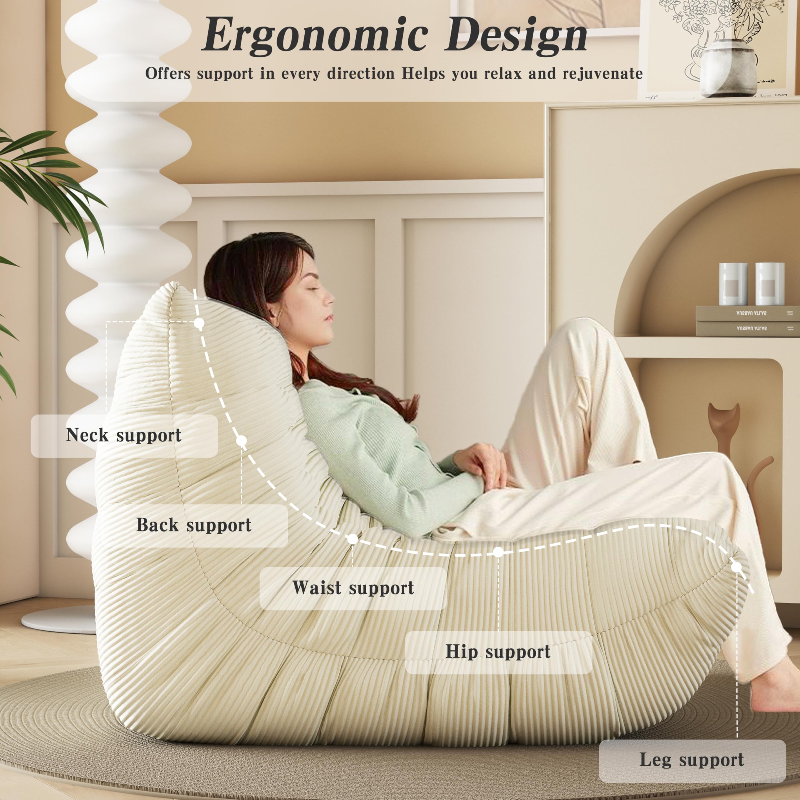 Ergonomic Memory Foam Bean Bag Chair - Lazy Floor Sofa for Adults & Kids, Fireside Lounge Chair with Comfortable Design for Living Room, Bedroom, Office - Perfect for Relaxing, Gaming & Reading (Beige)
