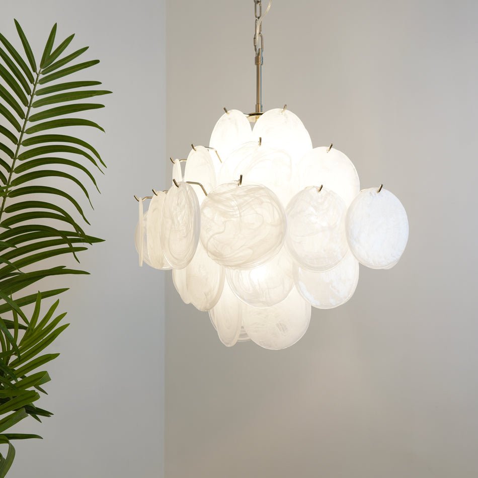 Isadora Murano White Disc Chandelier - Modern Glass Ceiling Light Fixture for Dining Room, Living Room & Bedroom Lighting Decor