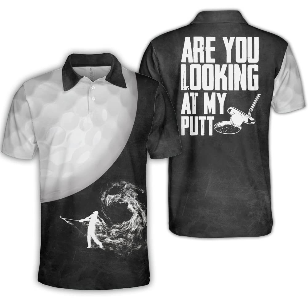 Polomore Men's Versatile Golf Polo Shirts - Breathable Short Sleeve Performance Shirt with Golf Ball & Golfer Smoke Design - Perfect Golf Apparel for Casual Wear & On-Course Play