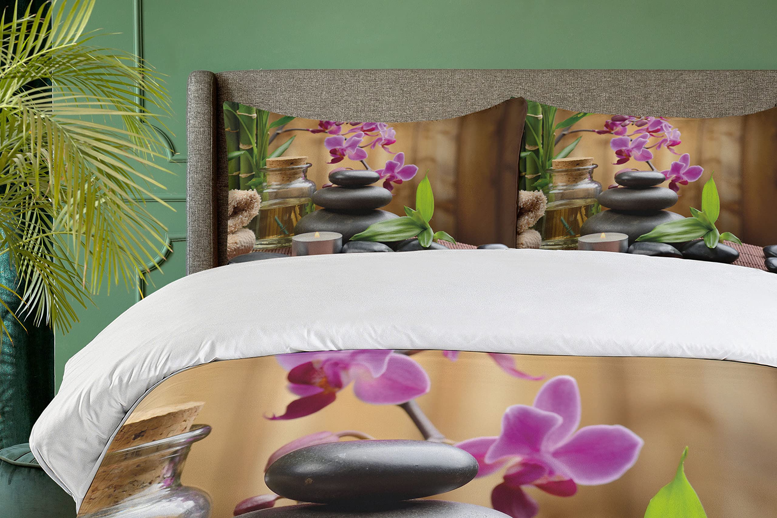 Ambesonne Spa Duvet Cover Set 3-Piece - Warm Welcoming Spa Design with Healing Stones, Candles & Floral Print - California King Size Bedding Set with 2 Pillow Shams in Purple, Black & Green - Perfect for Relaxing Bedroom Retreat & Spa-Themed Home Decor